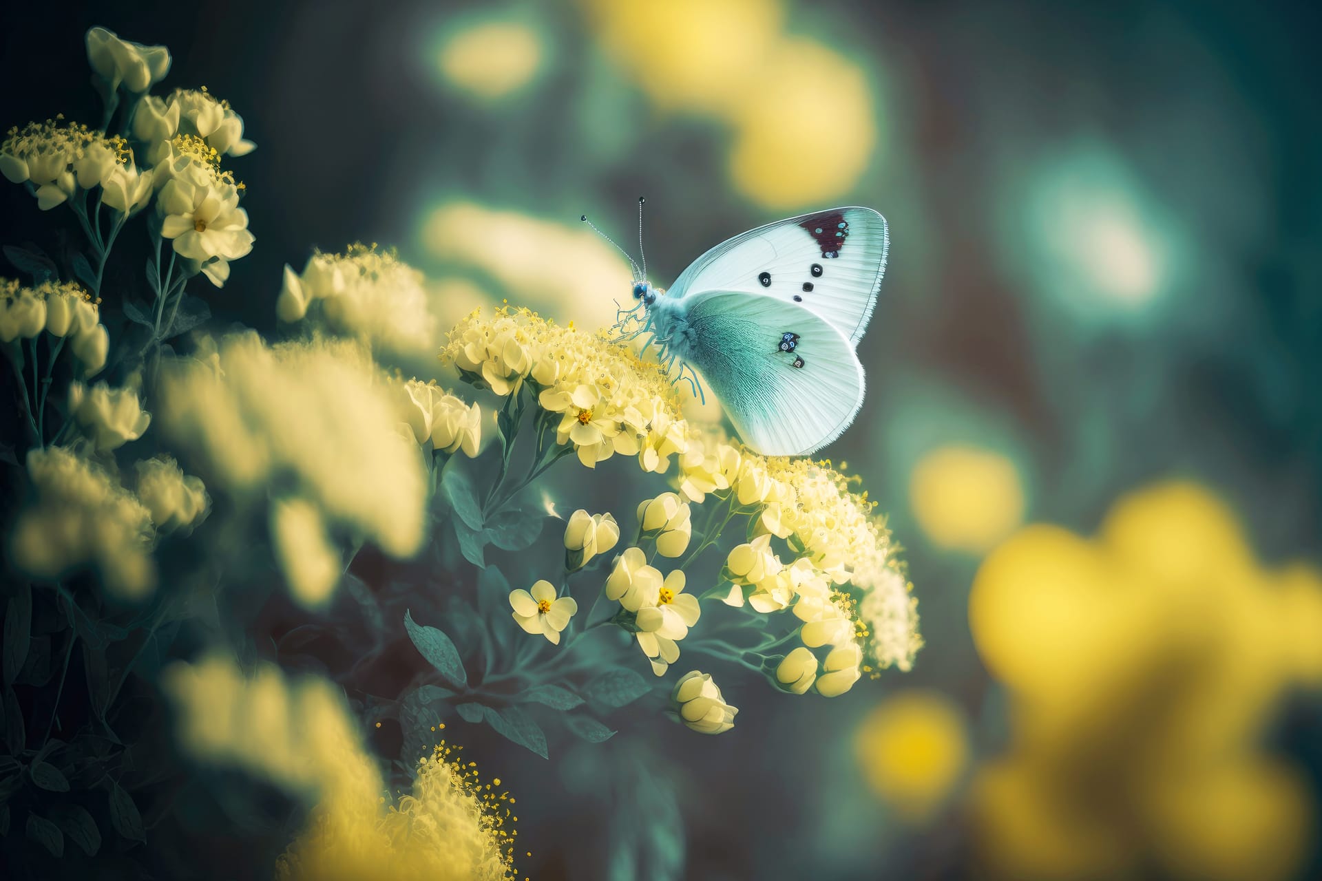 Small white flowers with yellow butterfly blurred background