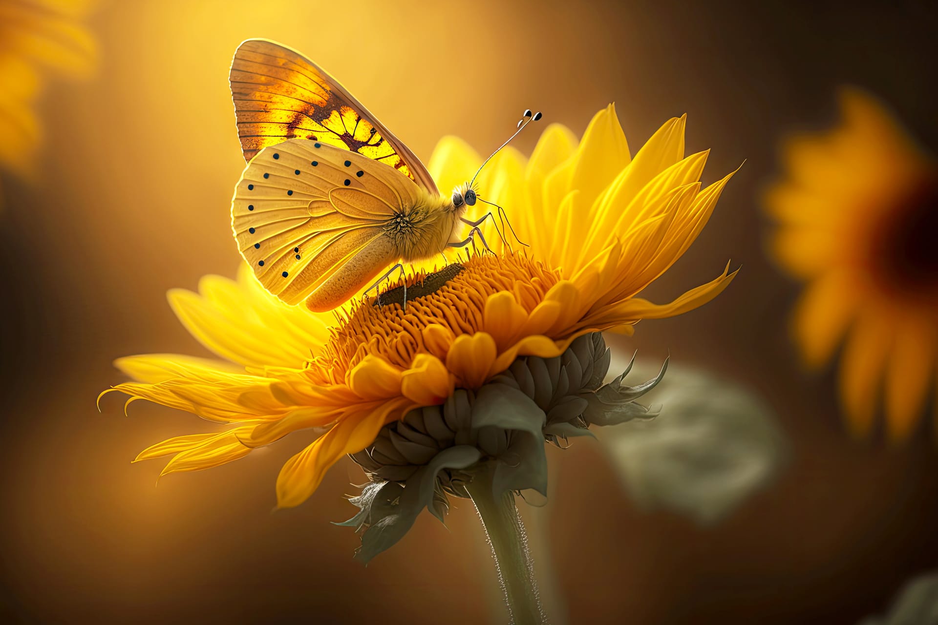 Sunlit yellow flower with beautiful butterfly blurred background image