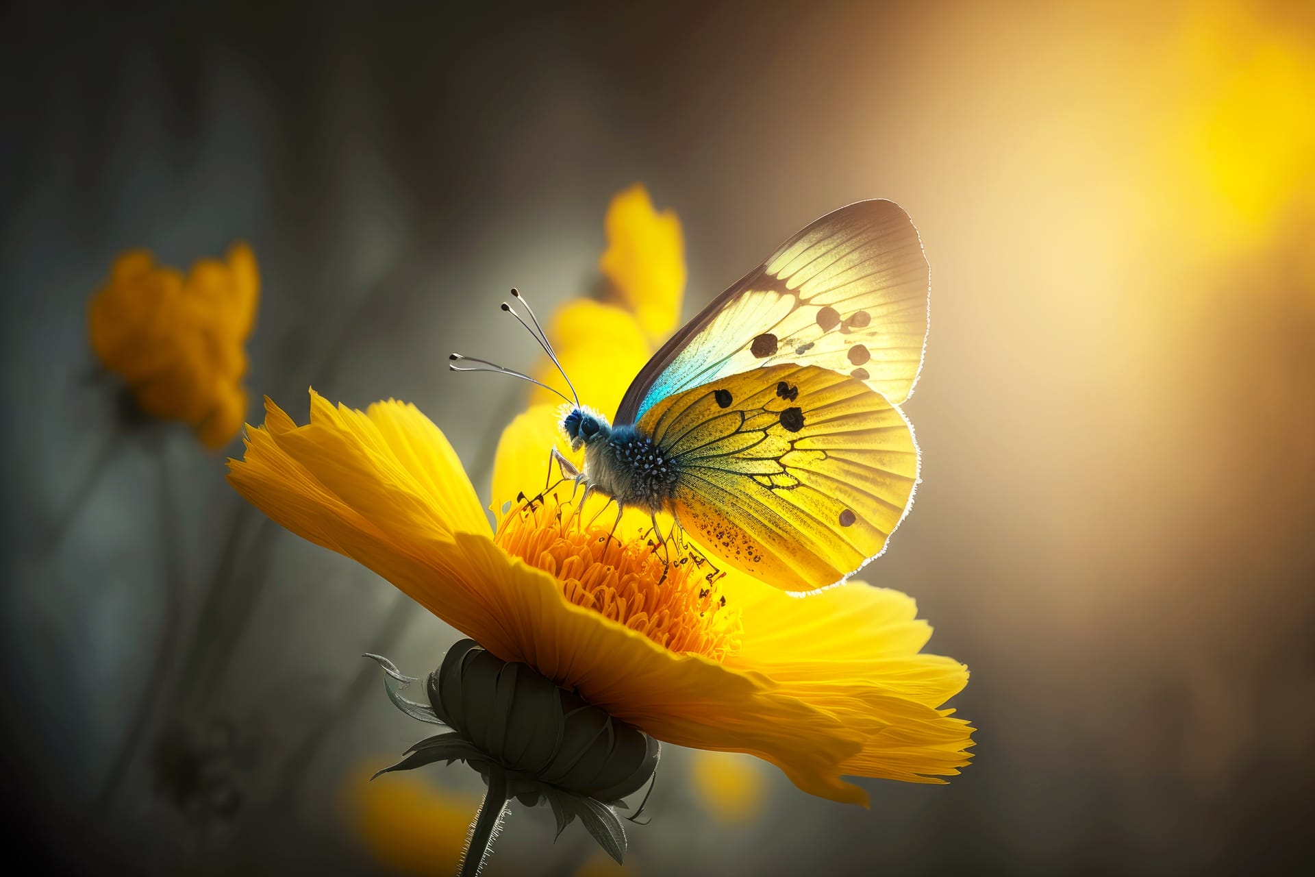 Sunlit yellow flower with beautiful butterfly blurred background