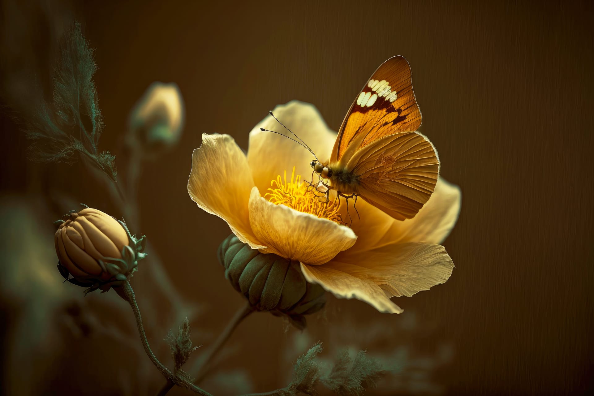 Yellow flower with bud blurred brown background with butterfly image