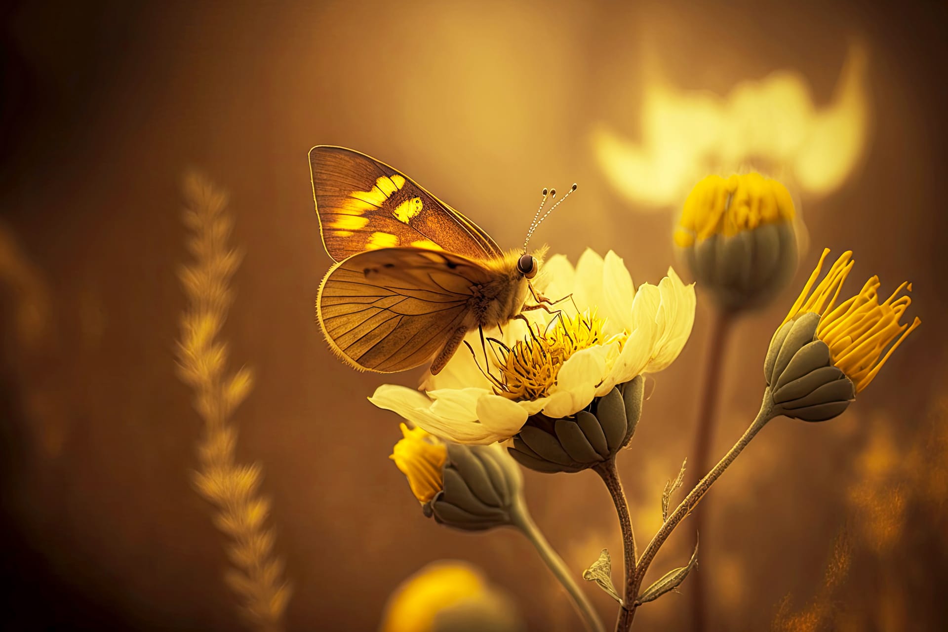 Yellow flower with bud blurred brown background with butterfly picture