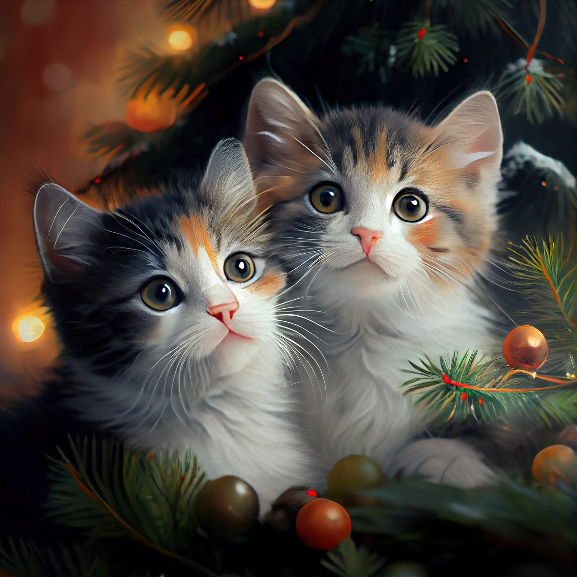 Cat photo two kittens christmas tree