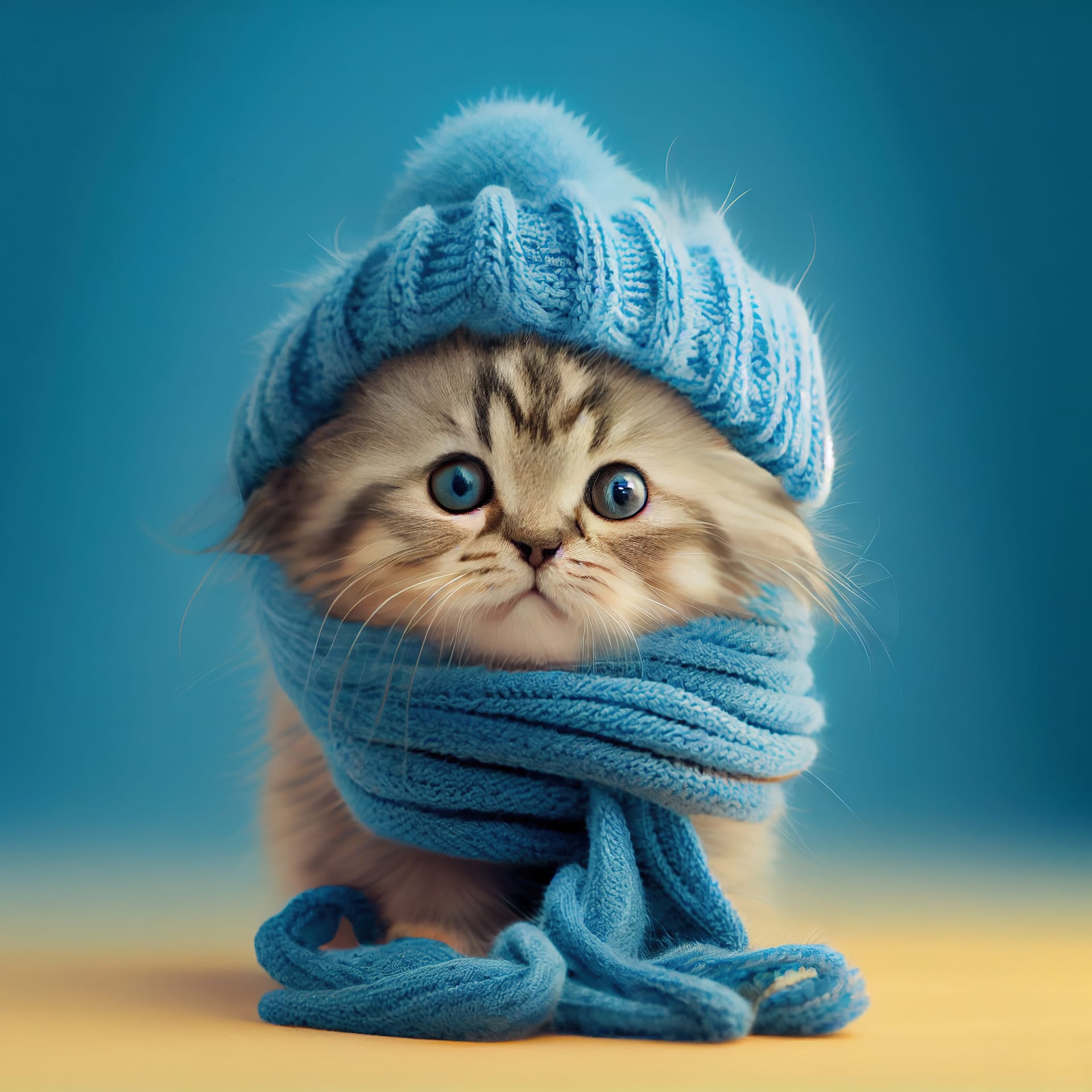 Cute kitten wearing scarf warm hat intriguing image