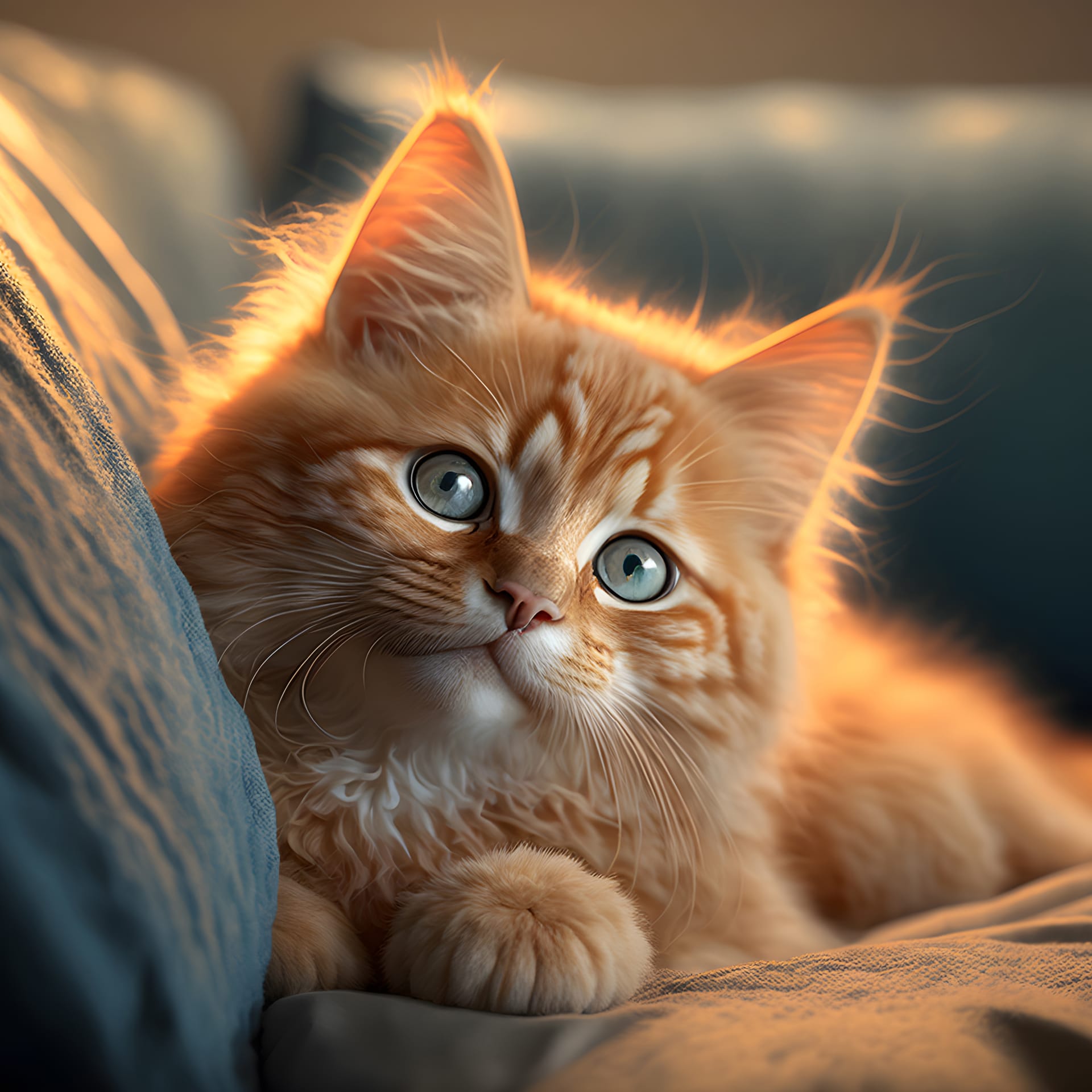 Cute orange kitten lying sofa with big innocent blue eyes