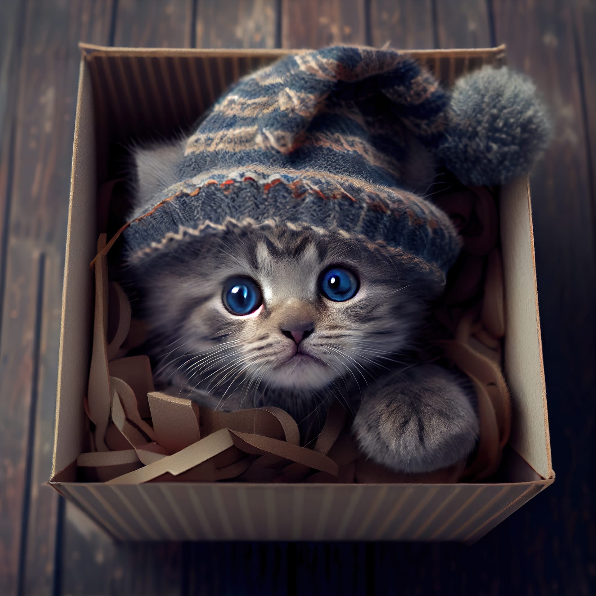 Gray striped kitten hat nside box