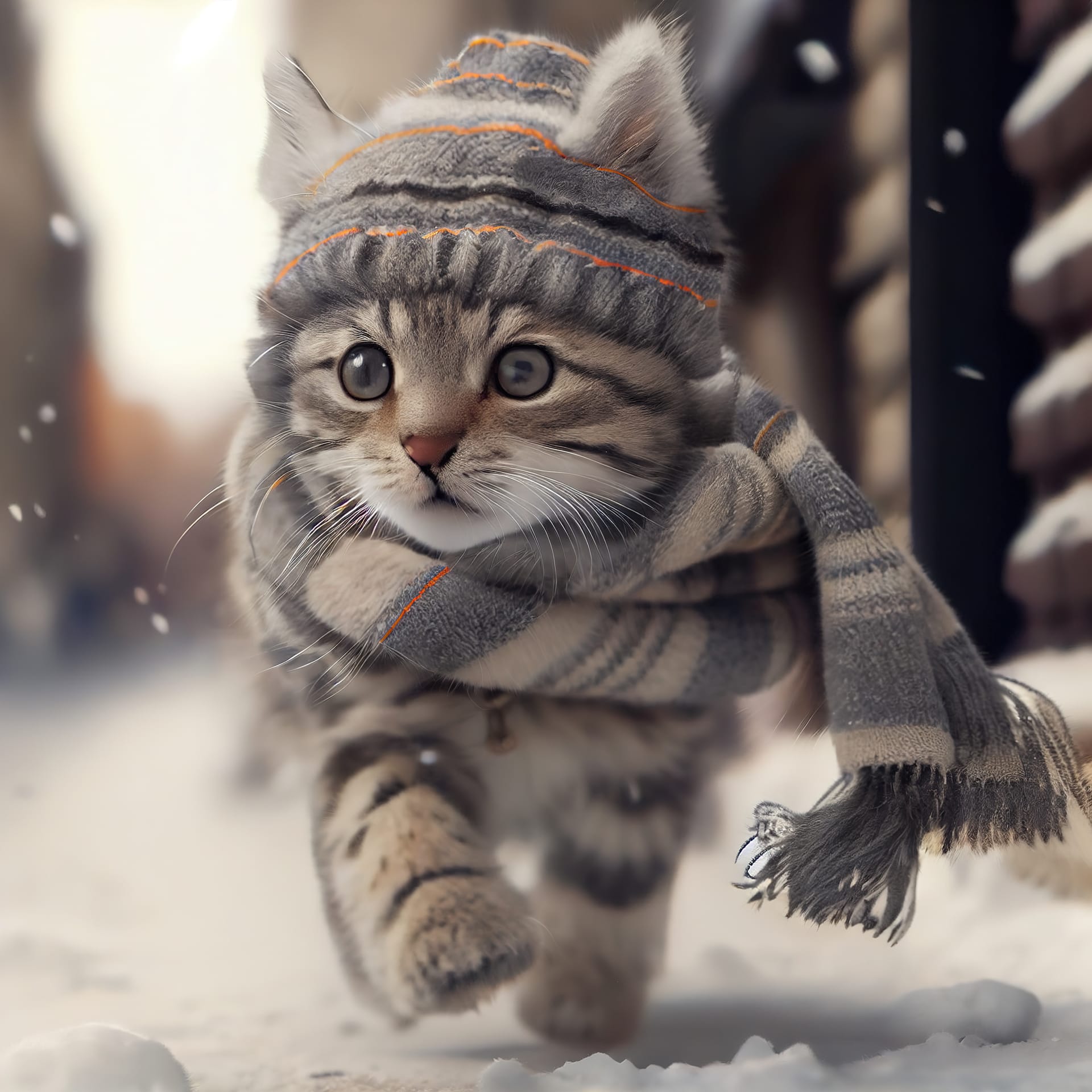 Gray striped kitten hat scarf winter street
