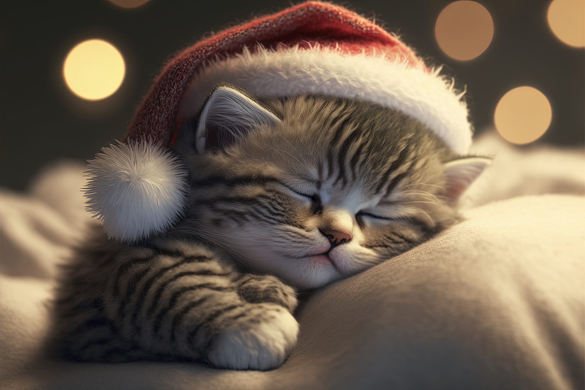 Kitten wearing santa s hat sleeps fluffy pillow excellent picture