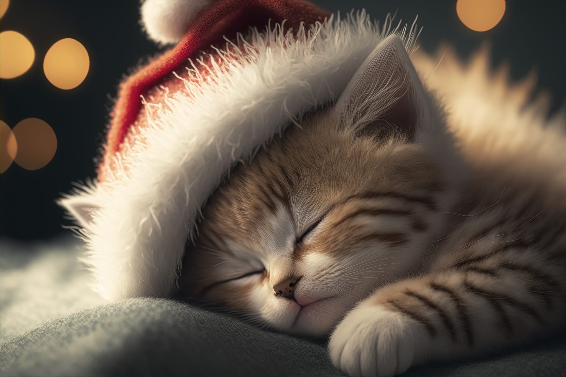 Kitten wearing santa s hat sleeps fluffy pillow
