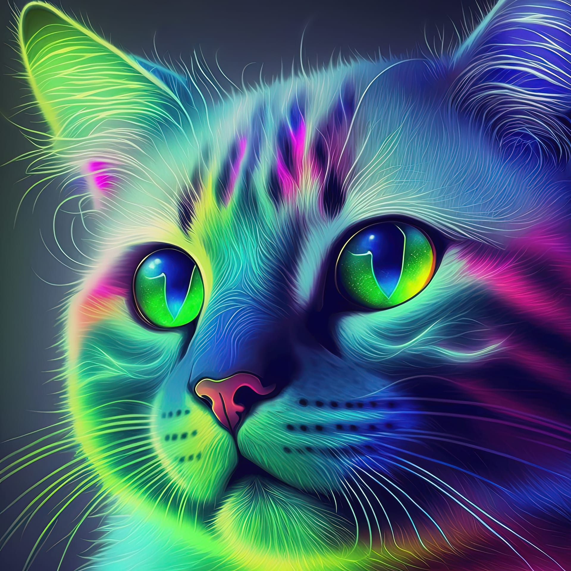 Neon iridescent psychedelic cat based any actual scene pattern