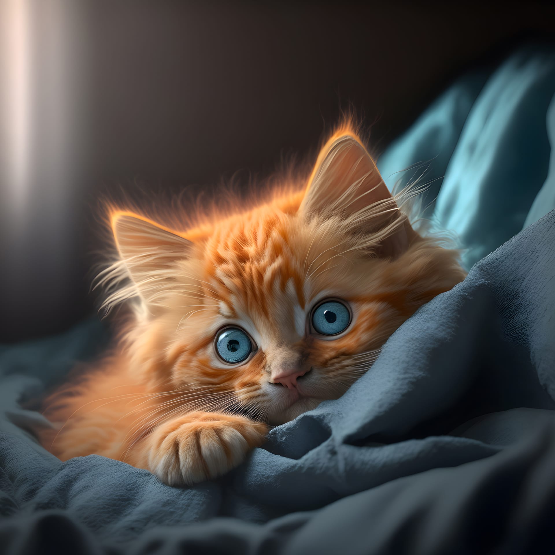 Orange kitten lying sofa with big innocent blue eyes image