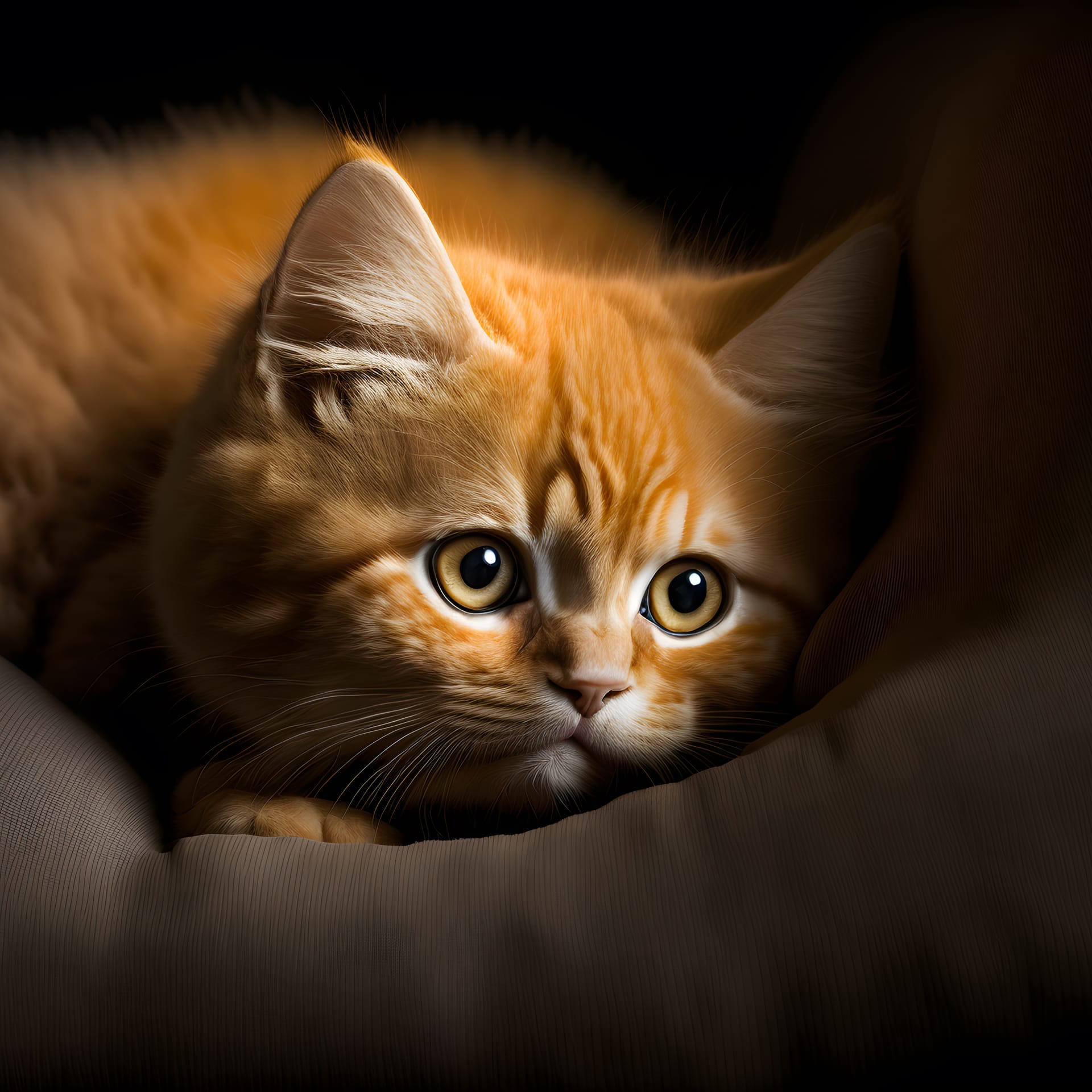 Orange kitten lying sofa with big innocent blue eyes picture