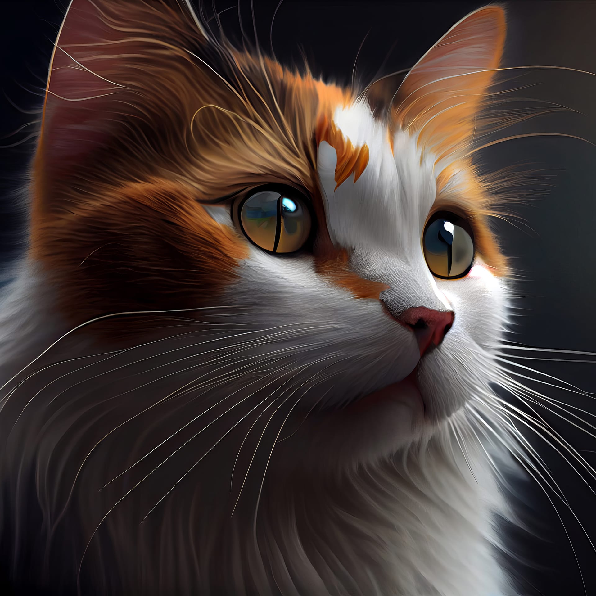 White orange fur long whiskers looking away against dark background