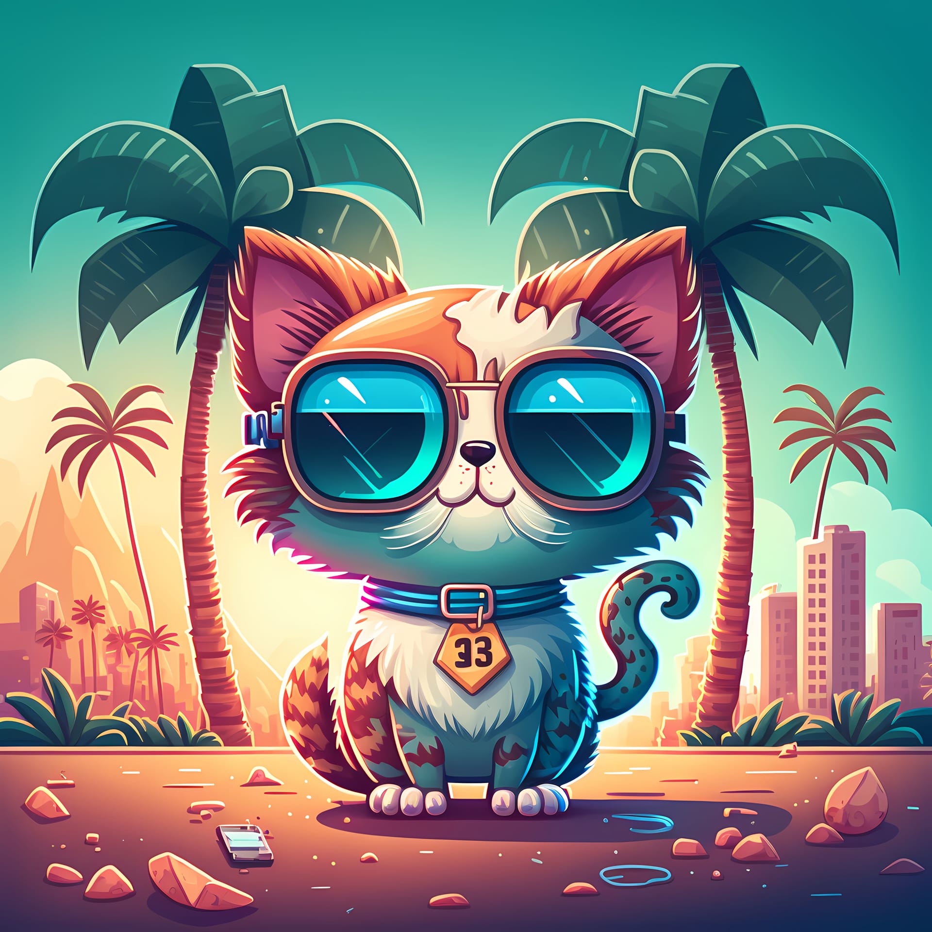 Background cat wearing sunglasses with beach palm trees realistic image