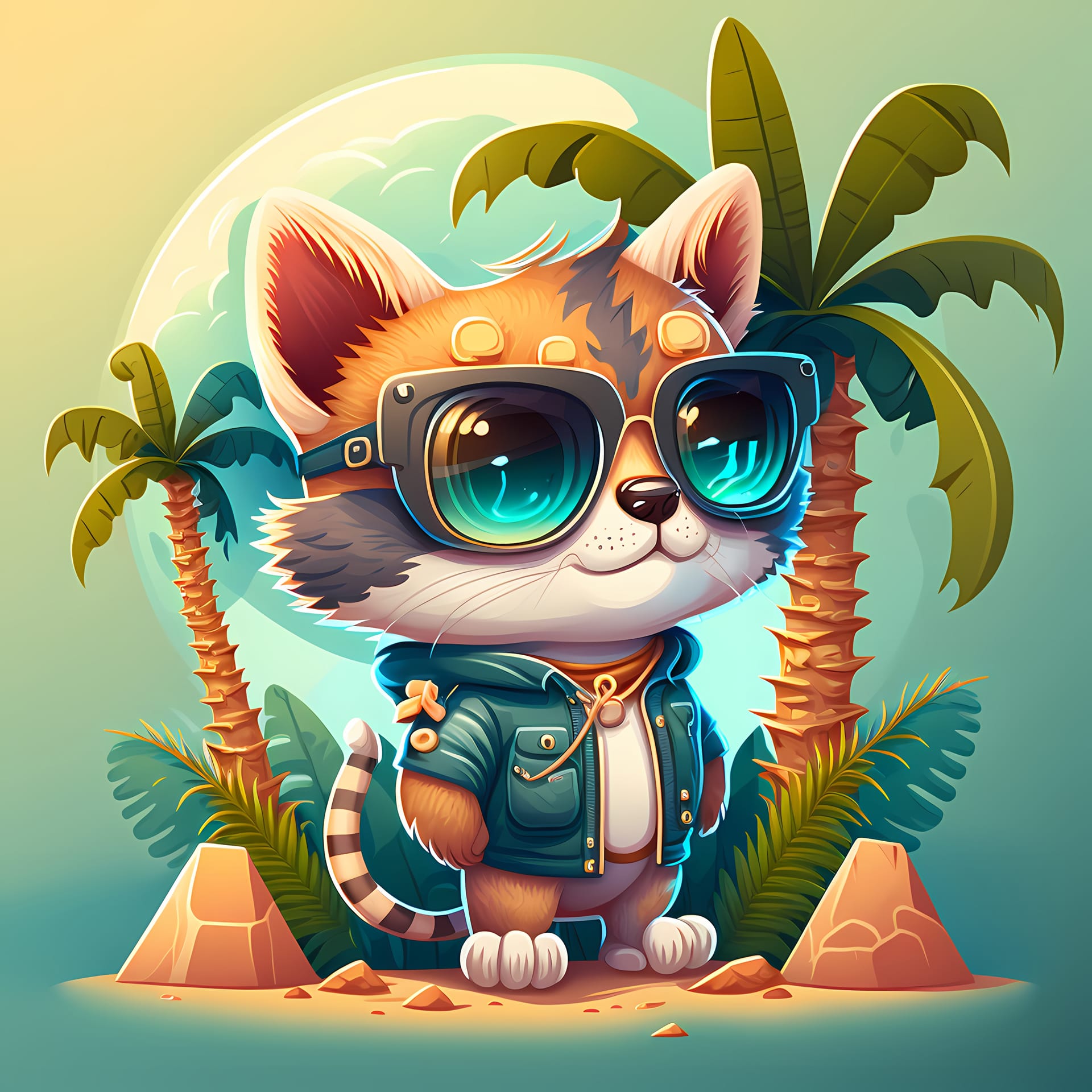 Summer background cat wearing sunglasses with beach palm trees image