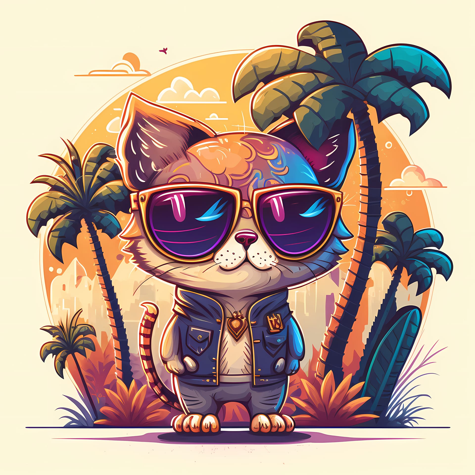 Summer background cat wearing sunglasses with beach palm trees picture
