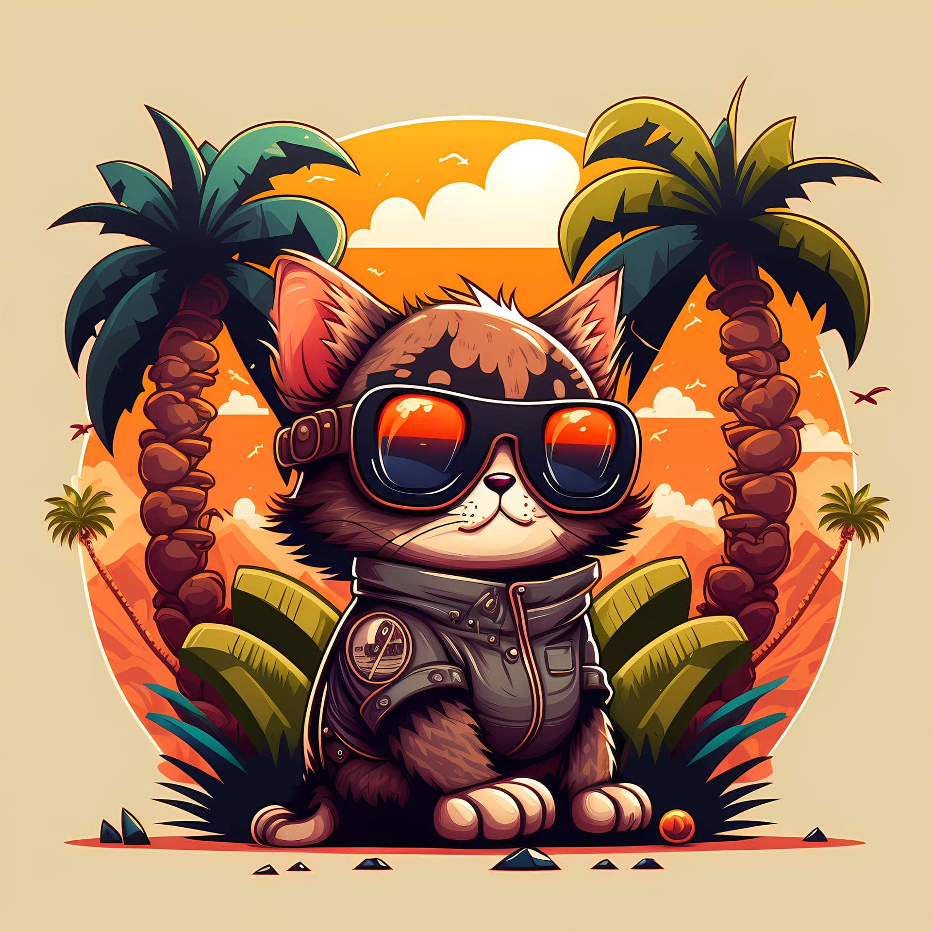 Summer background cat wearing sunglasses with beach palm trees