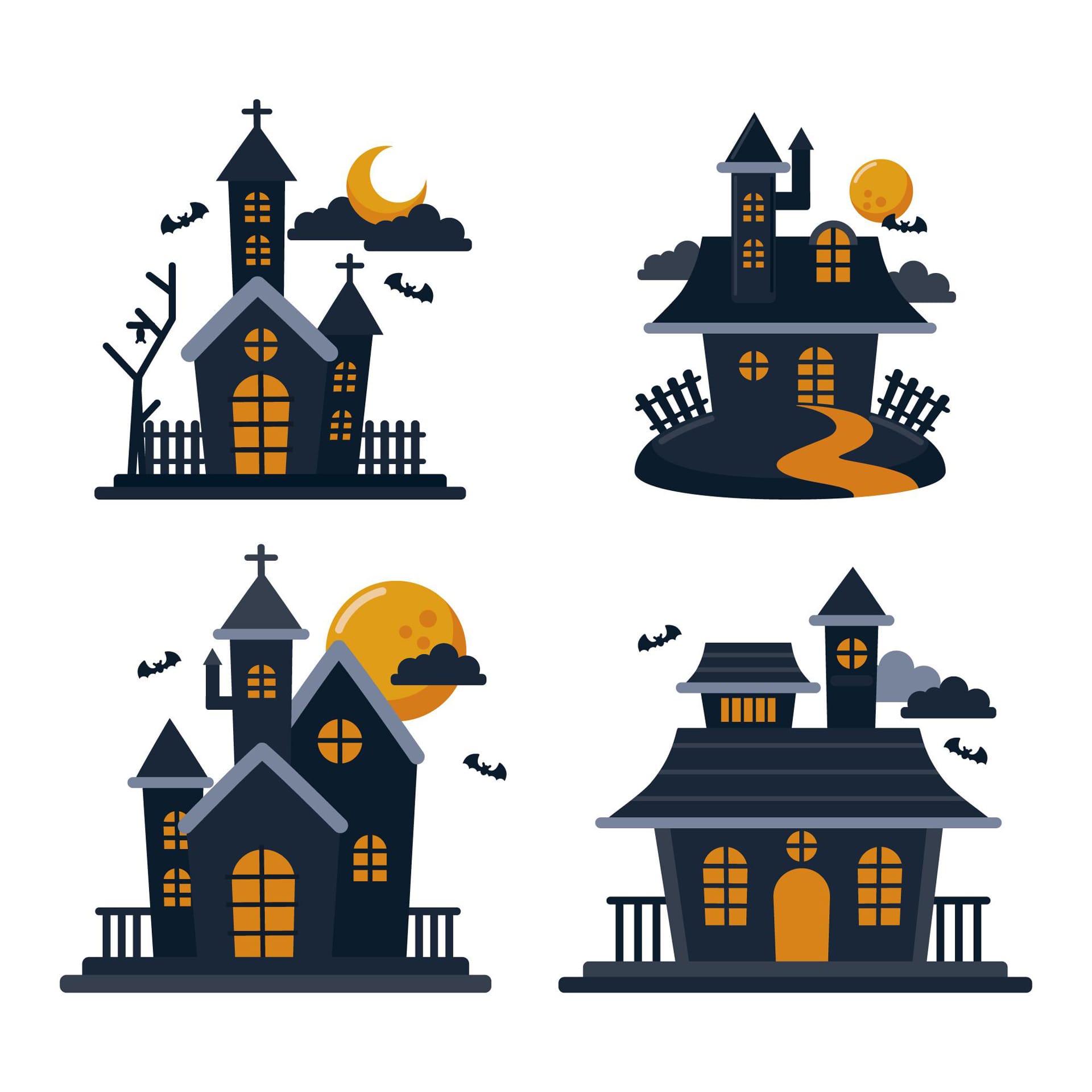 Flat halloween haunted houses collection