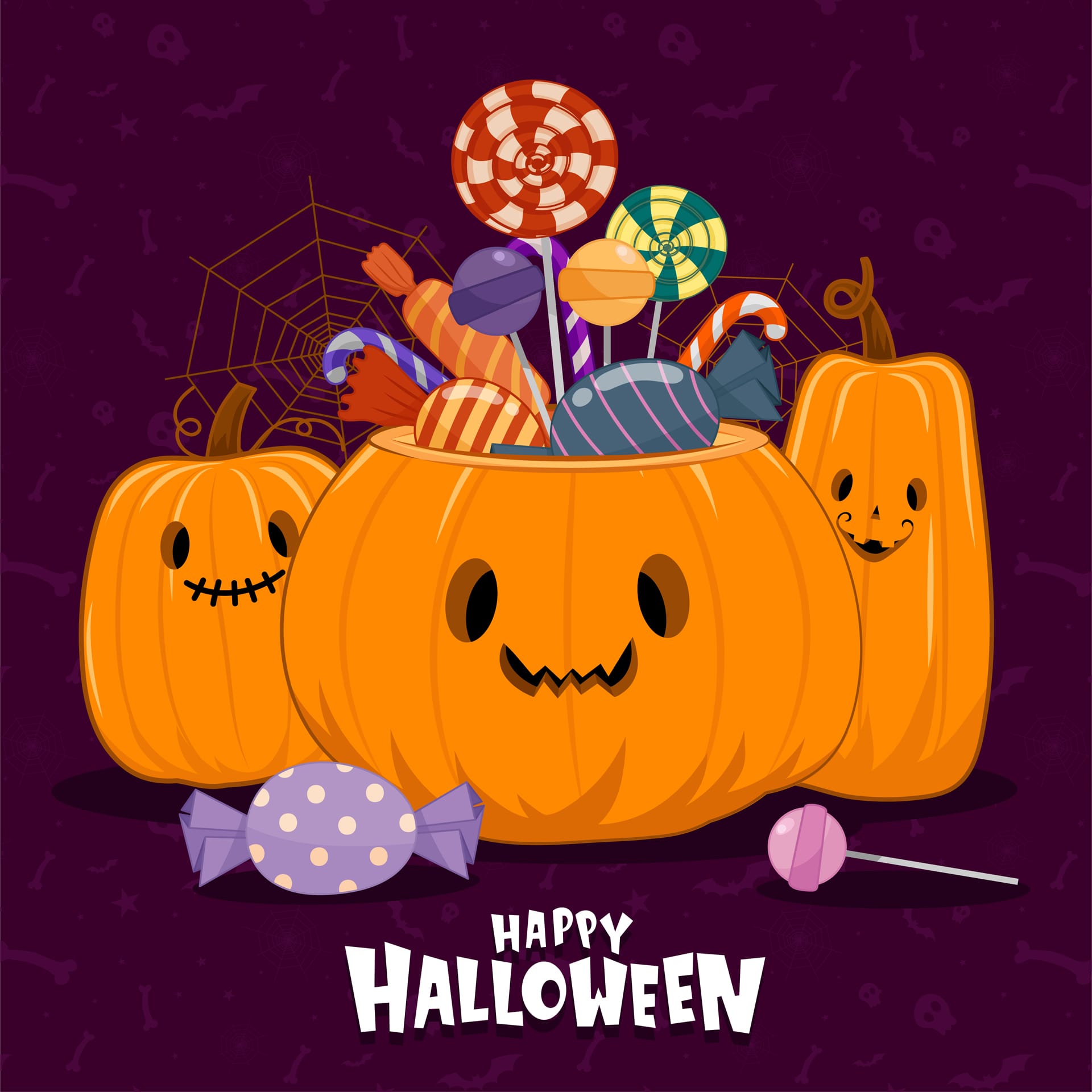 Halloween icons with pumpkins multicolored candies