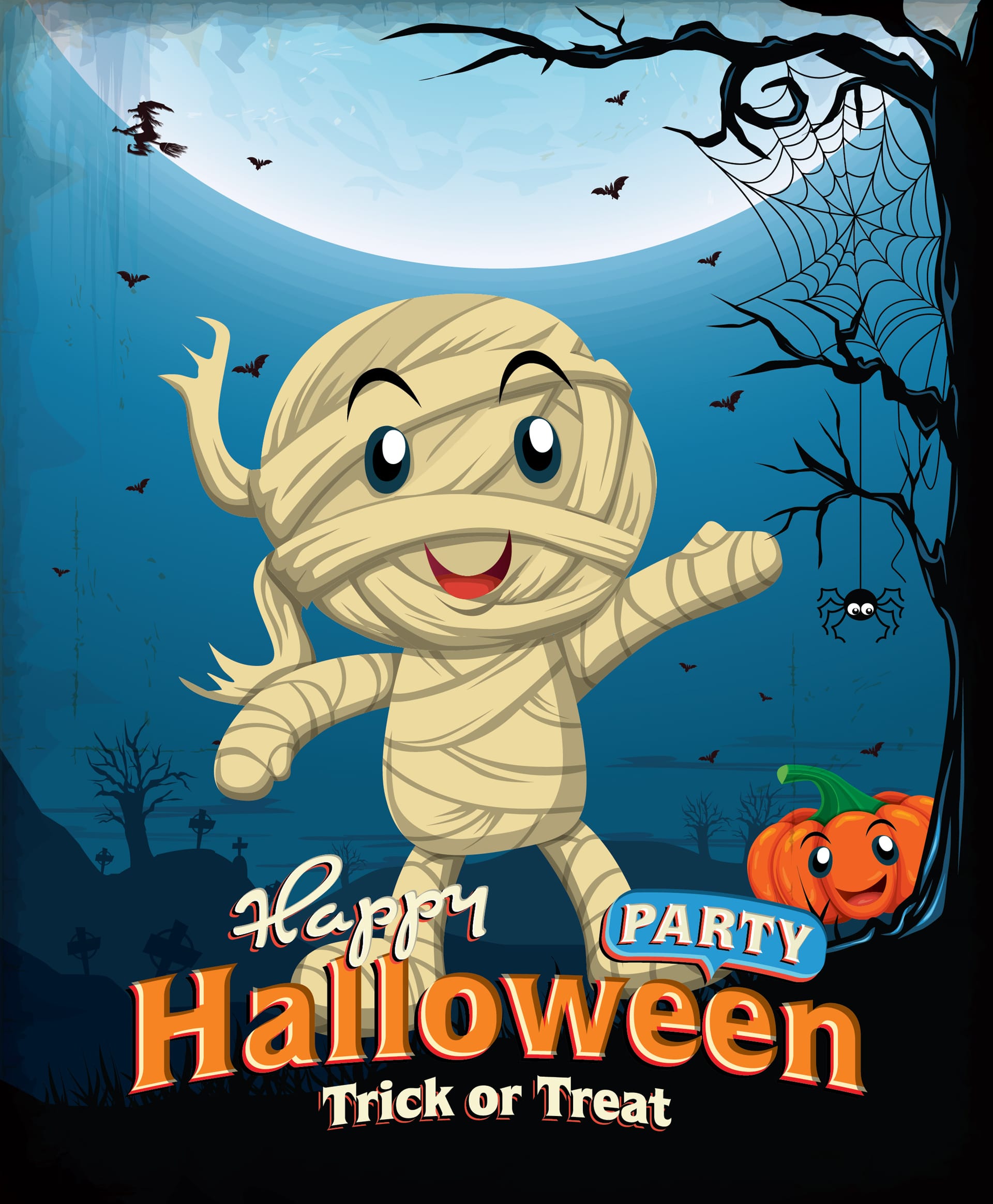 Vintage halloween poster design with kid mummy costume