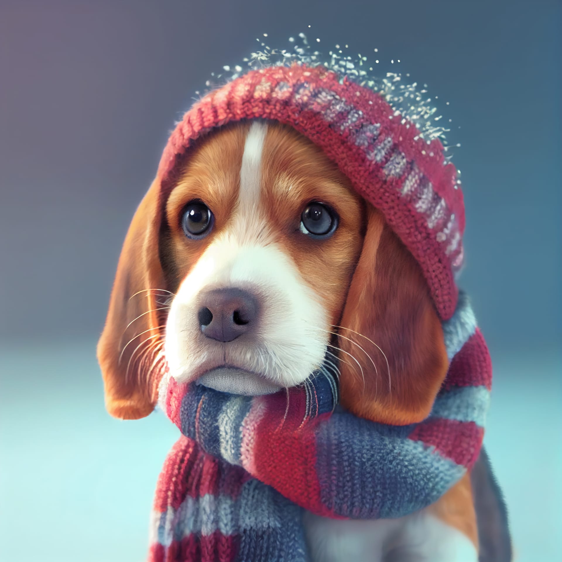 Beagle dog sitting winter park knitted hat scarf