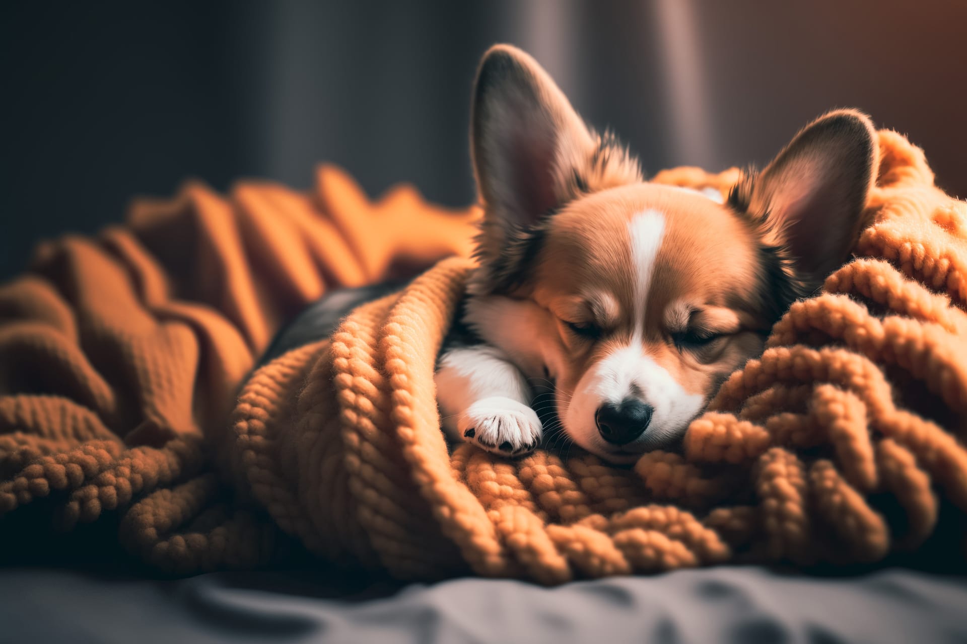Cozy corgi dog puppy rolled up blanket