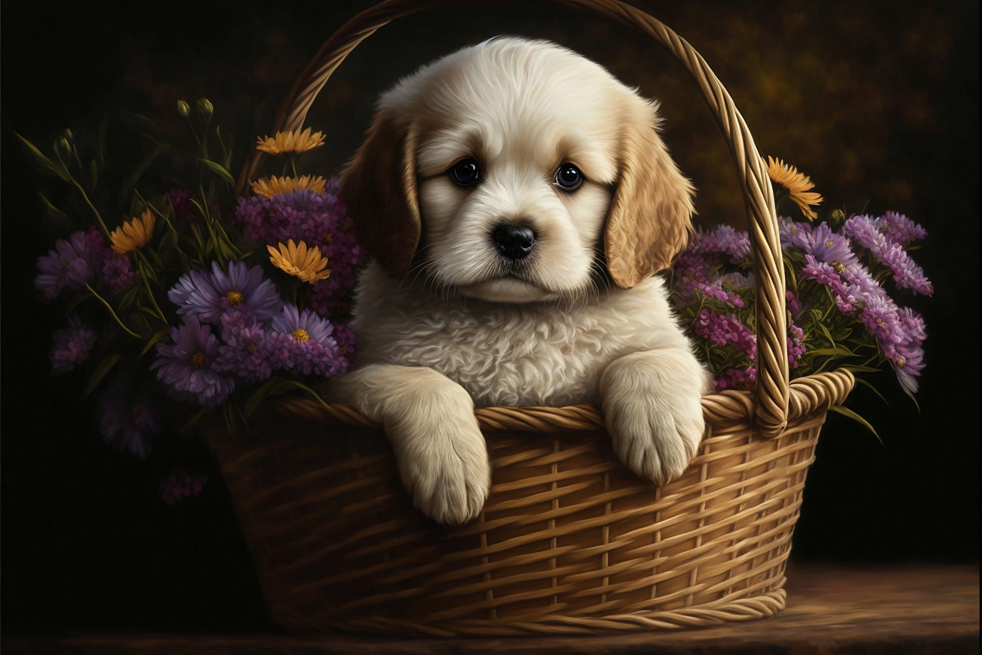 Cute puppy sitting basket flowers dog images