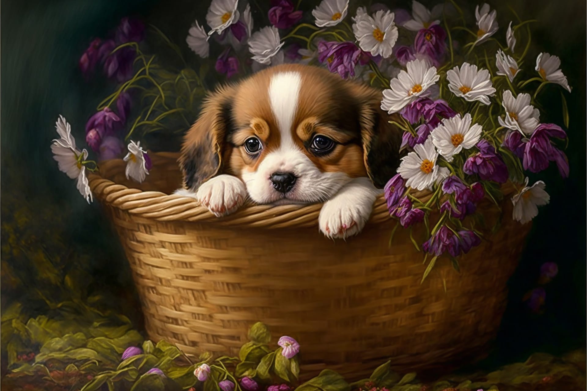 Cute puppy sitting basket flowers image