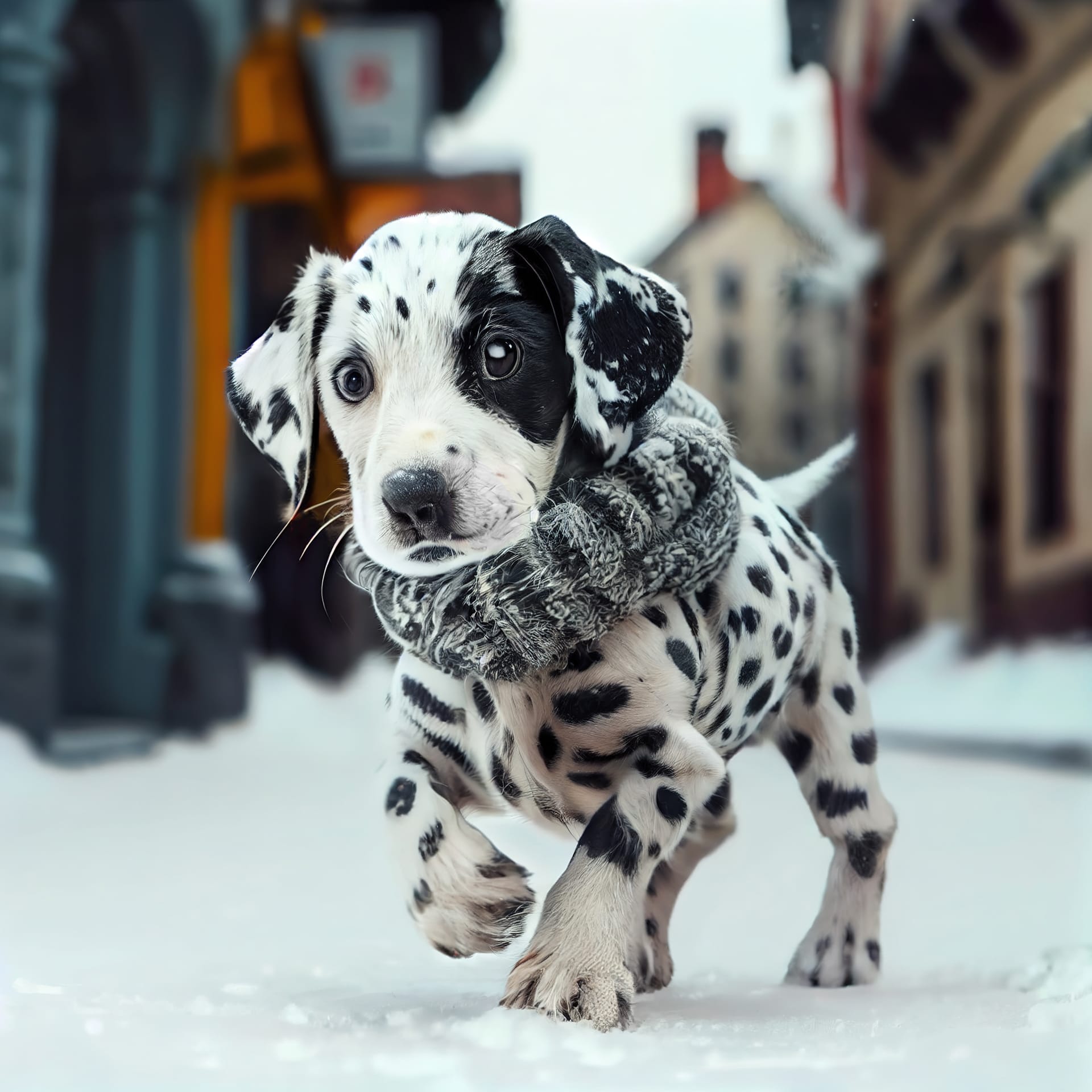 Dalmatian dog running winter street little town