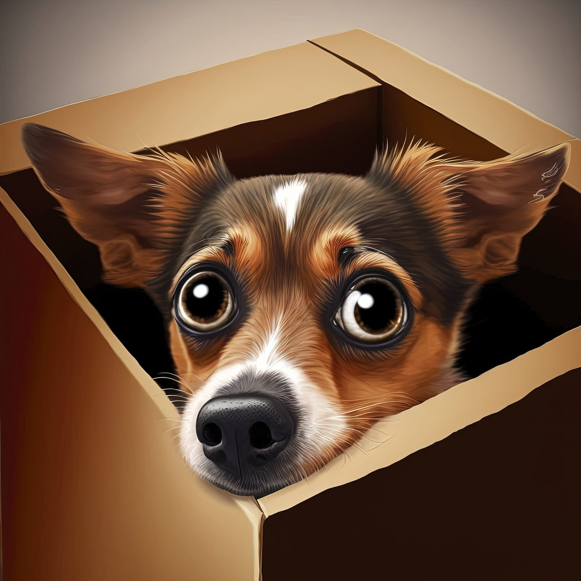 Dog hiding box huge anime eyes