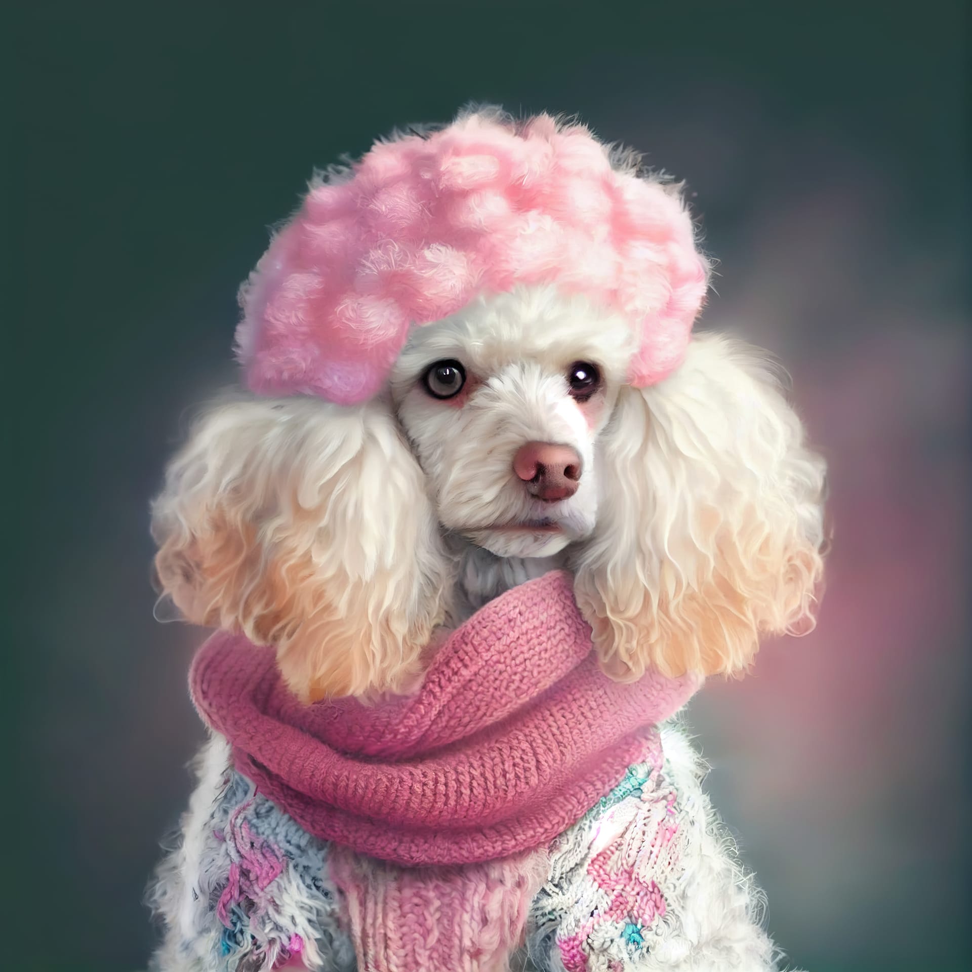 Dog sitting winter park pink knitted hat scarf fine picture