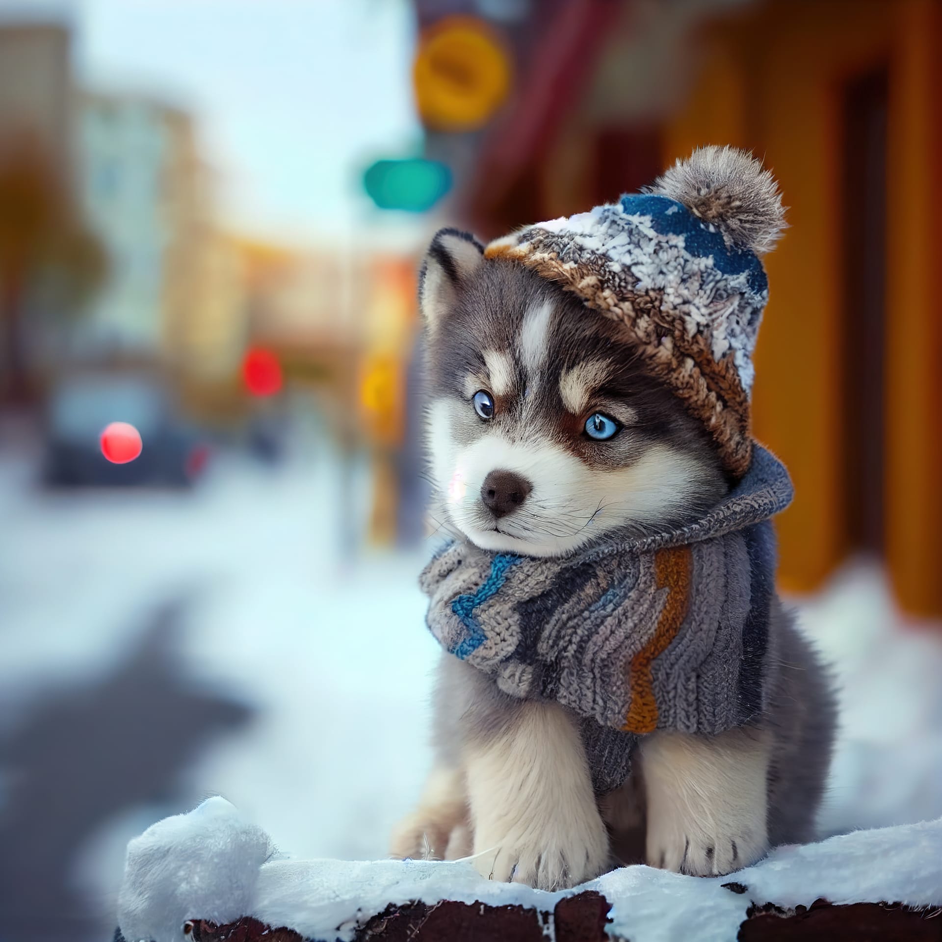 Husky dog sitting winter street little town