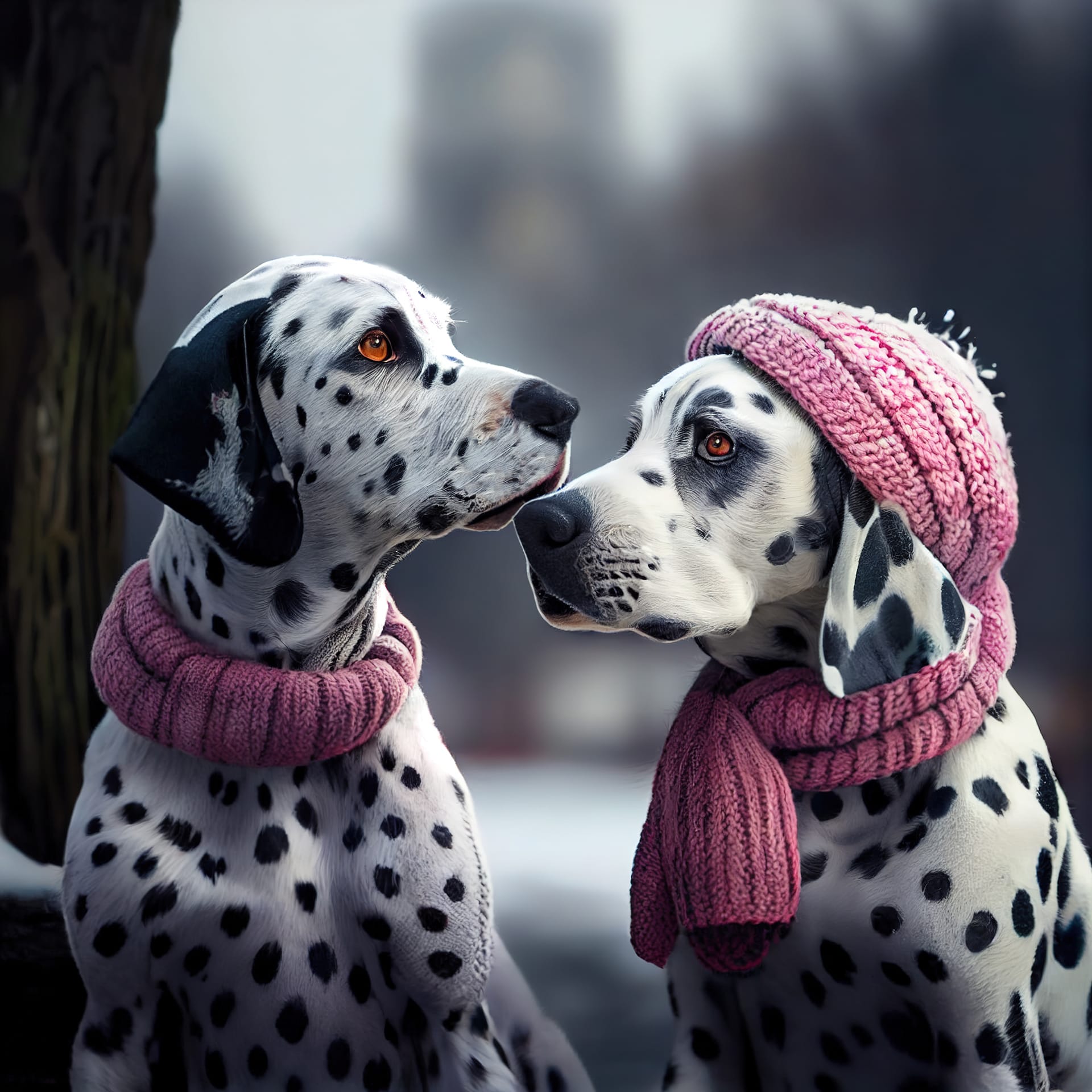 Pair dalmatian dogs sitting winter park