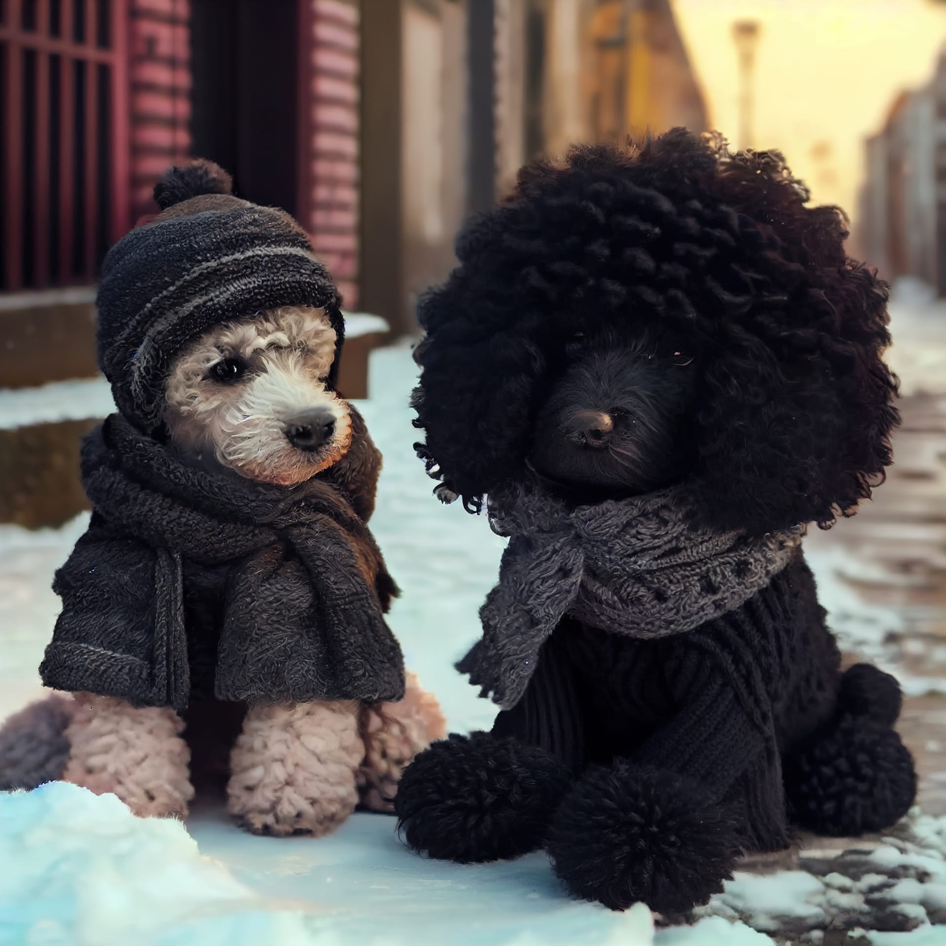 Poodle dogs black white knitted hat scarfs sitting winter street
