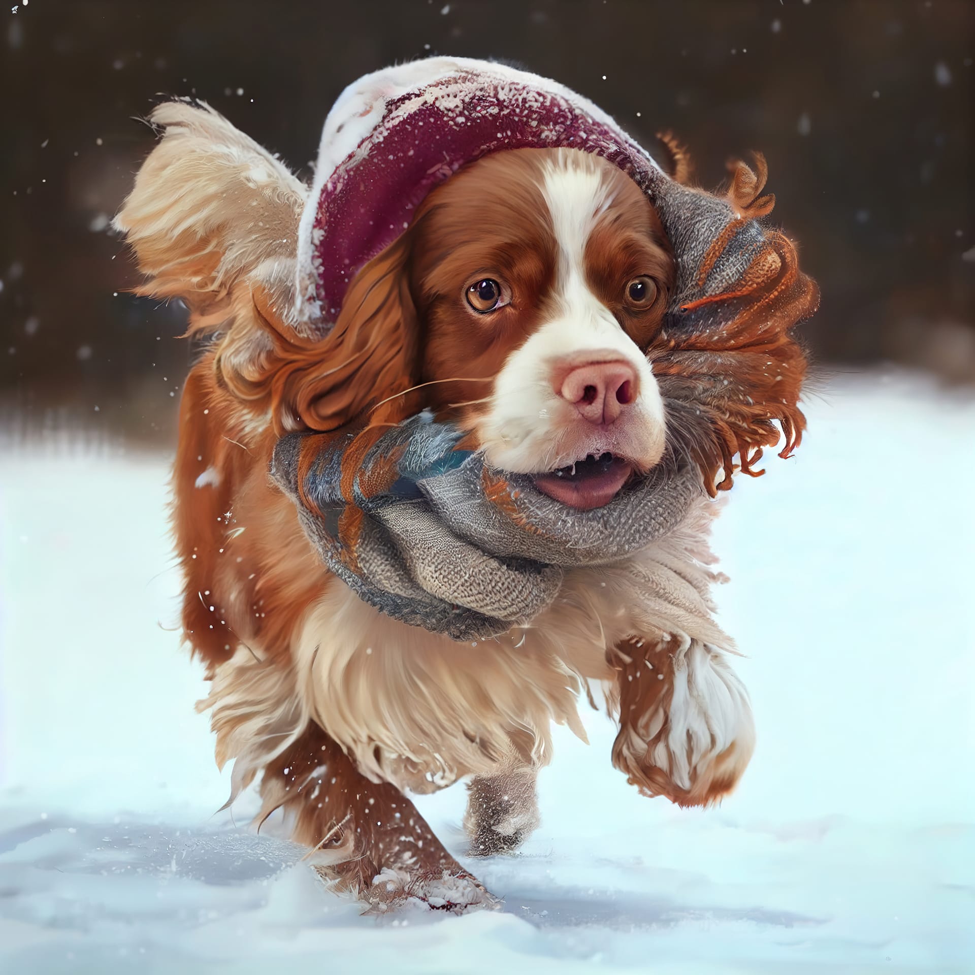 Spaniel dog knitted hat running winter park realistic image