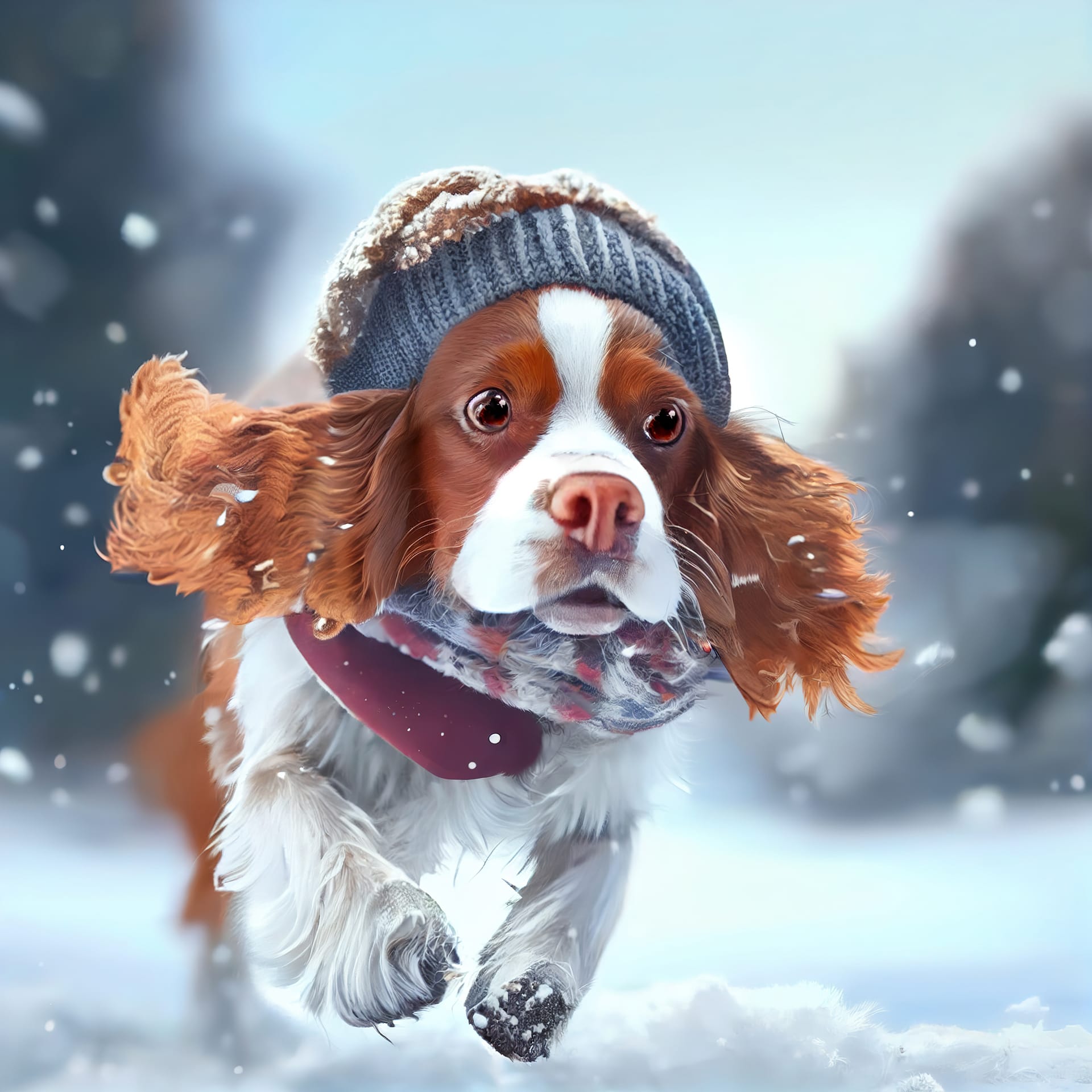 Spaniel dog knitted hat running winter park
