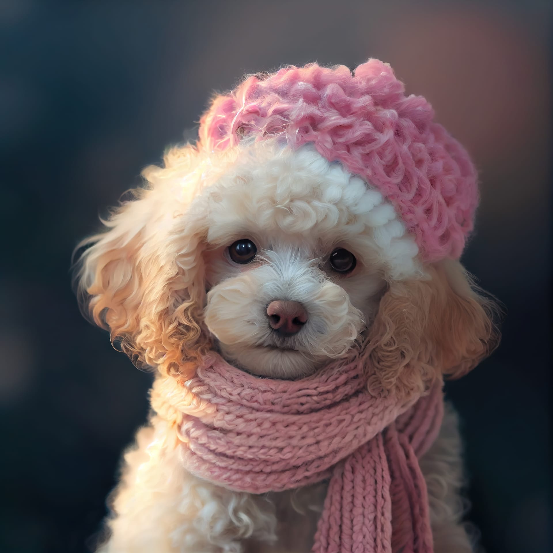 White poodle dog sitting winter park pink knitted hat scarf