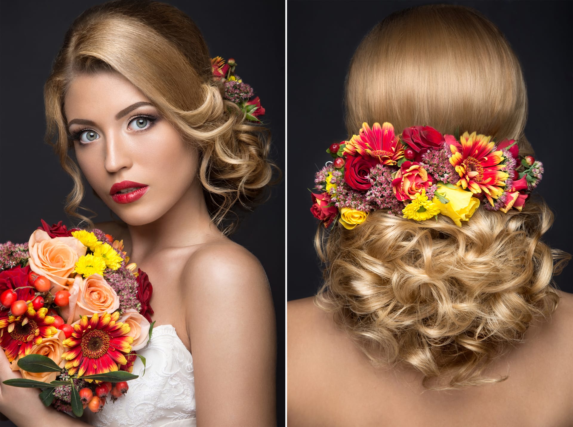 Beautiful blond woman image bride with flowers beauty face hairstyle
