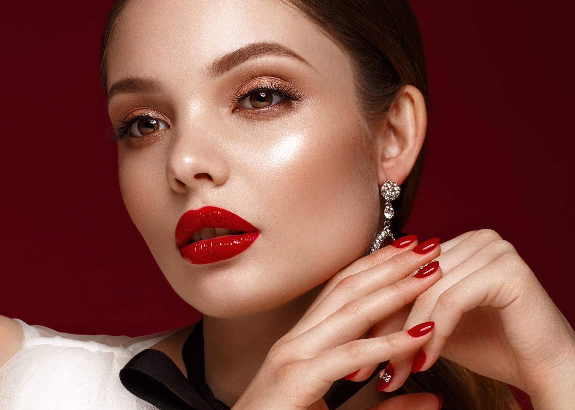 Classic makeup red manicure beauty face photo taken studio image
