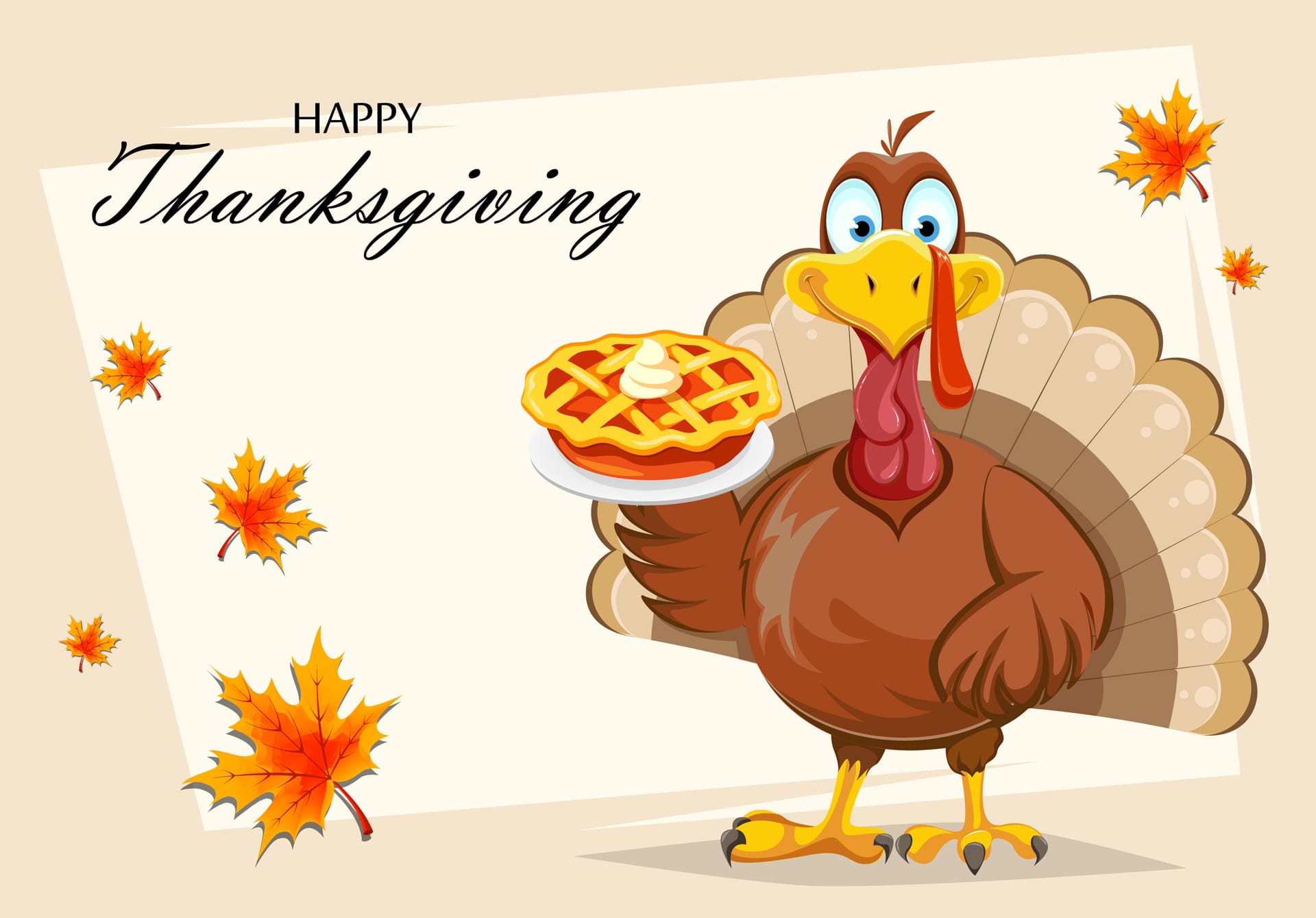 Funny thanksgiving turkey bird holding pumpkin pie