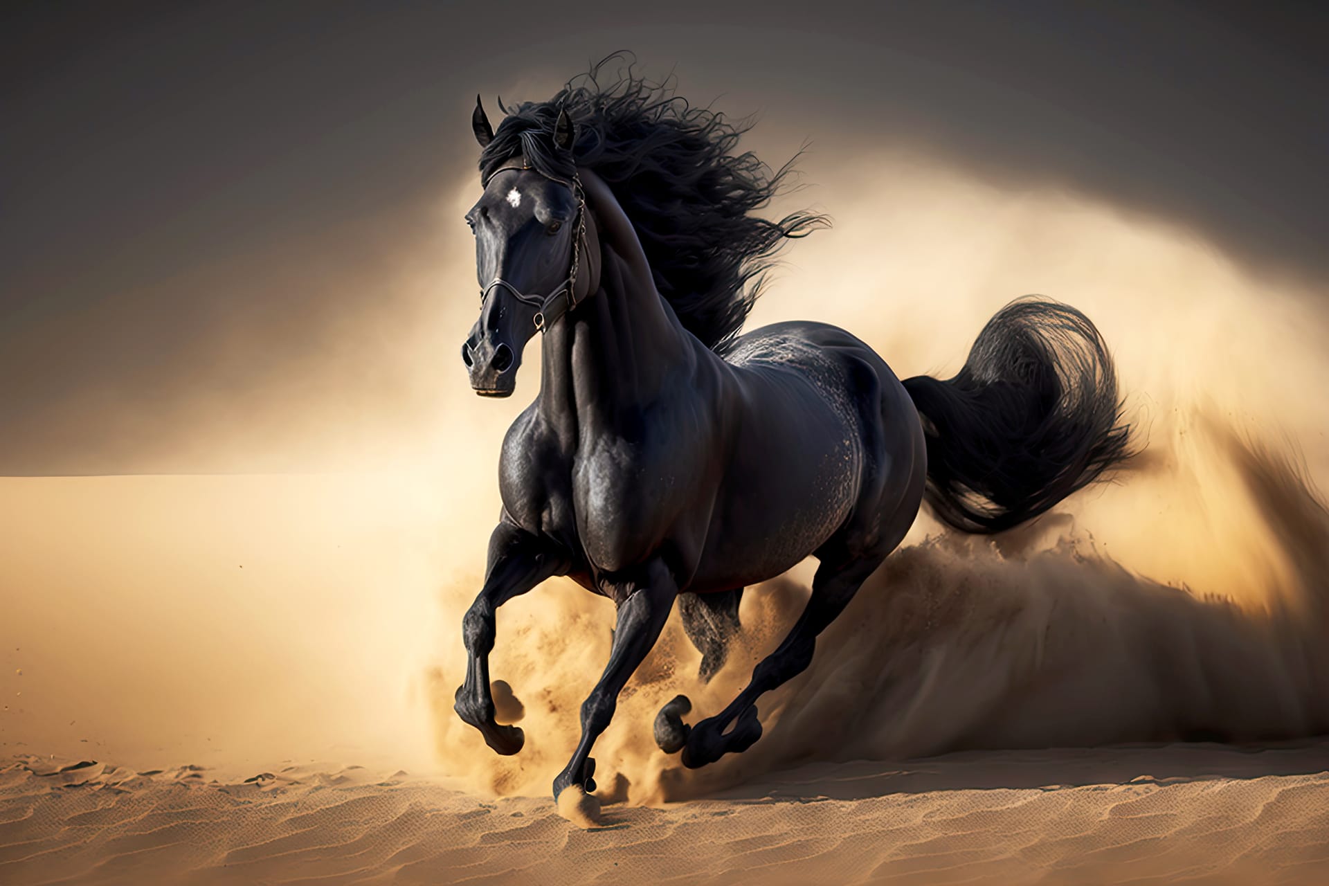 Black horse running yellow sand desert