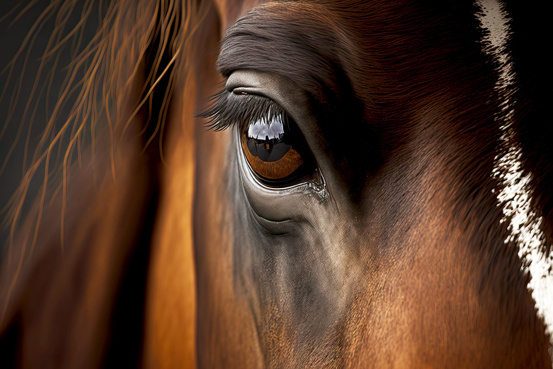Dark brown black horse eye with pensive look
