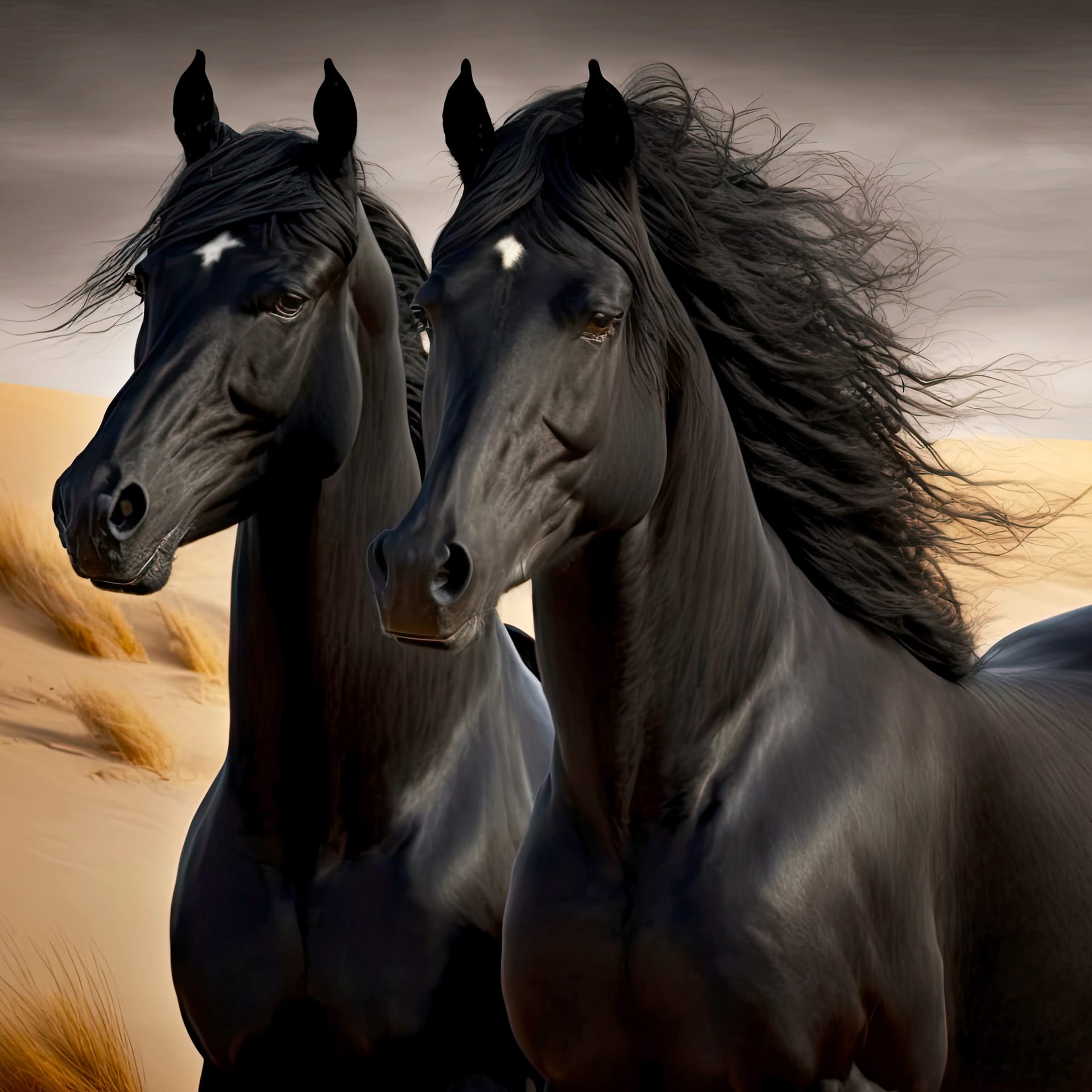 Pair slender black horse sand shore