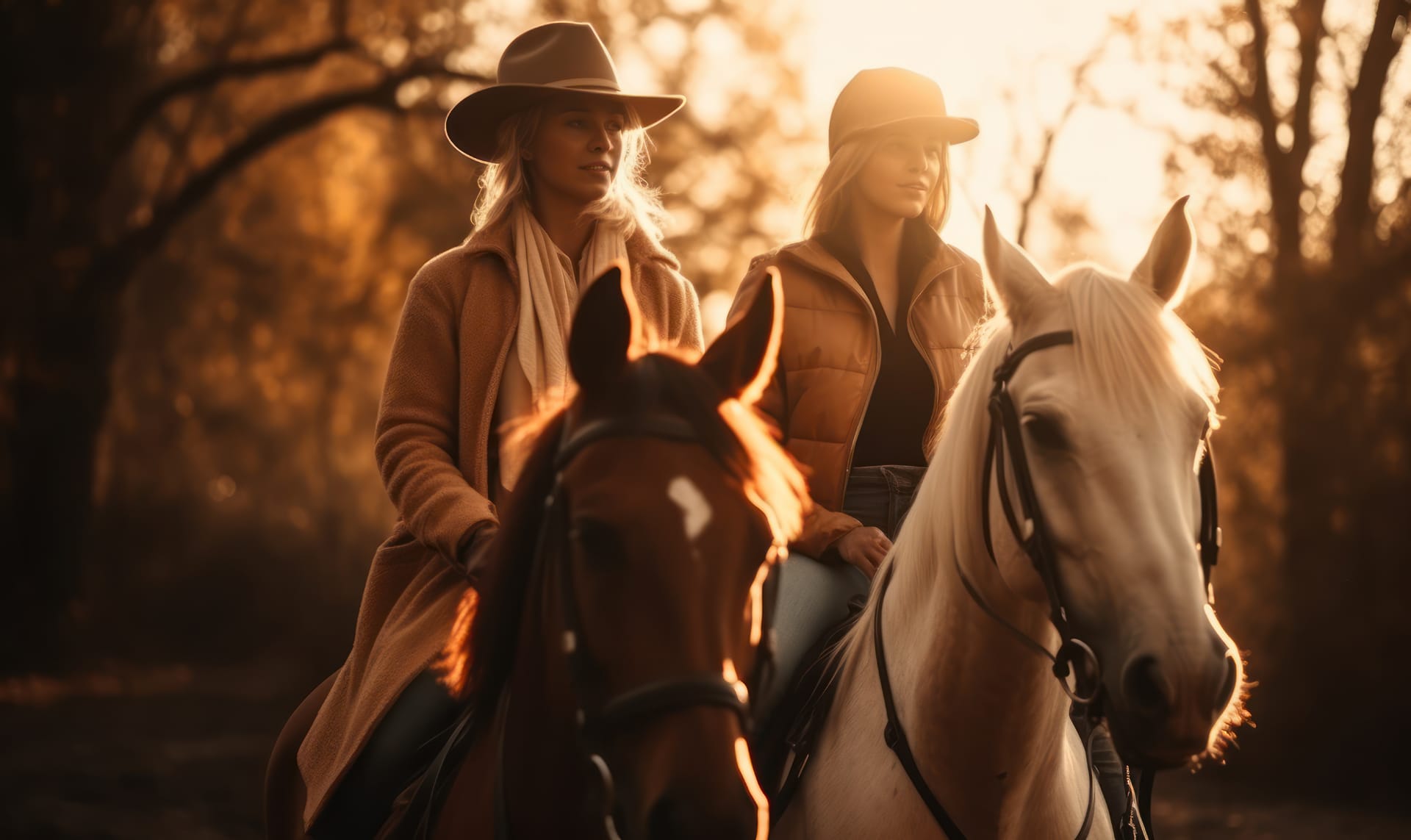 Two women riding horses sunset image of horse