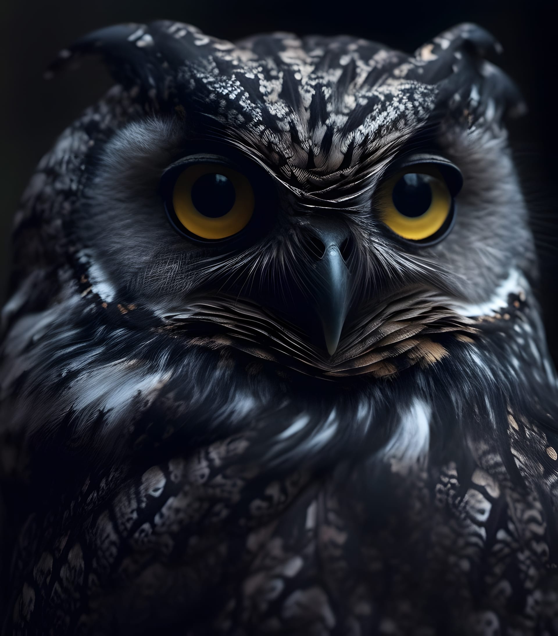Close up owl with yellow eyes black background