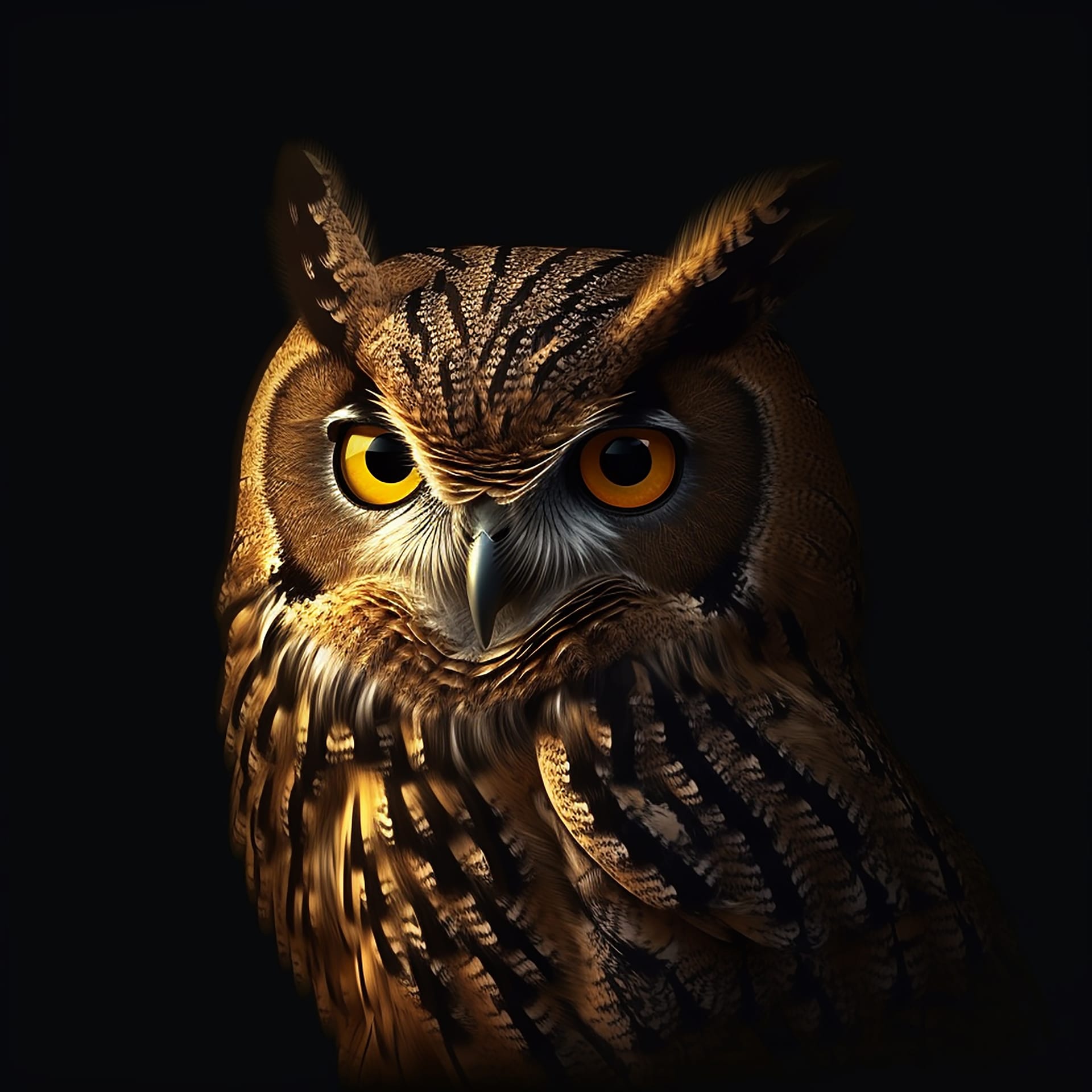 Close up owl with yellow eyes black white feathers