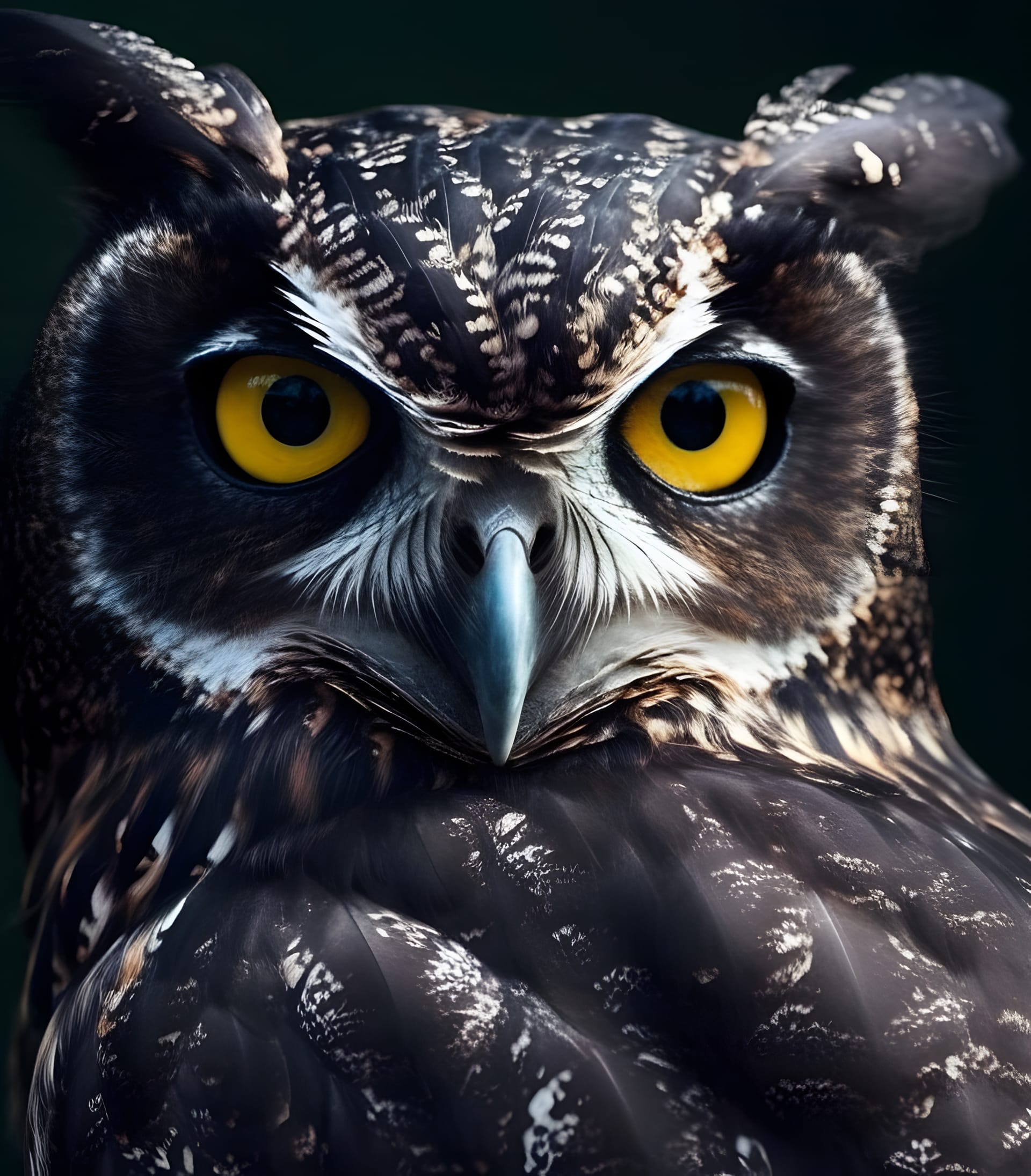 Close up owls face with yellow eyes