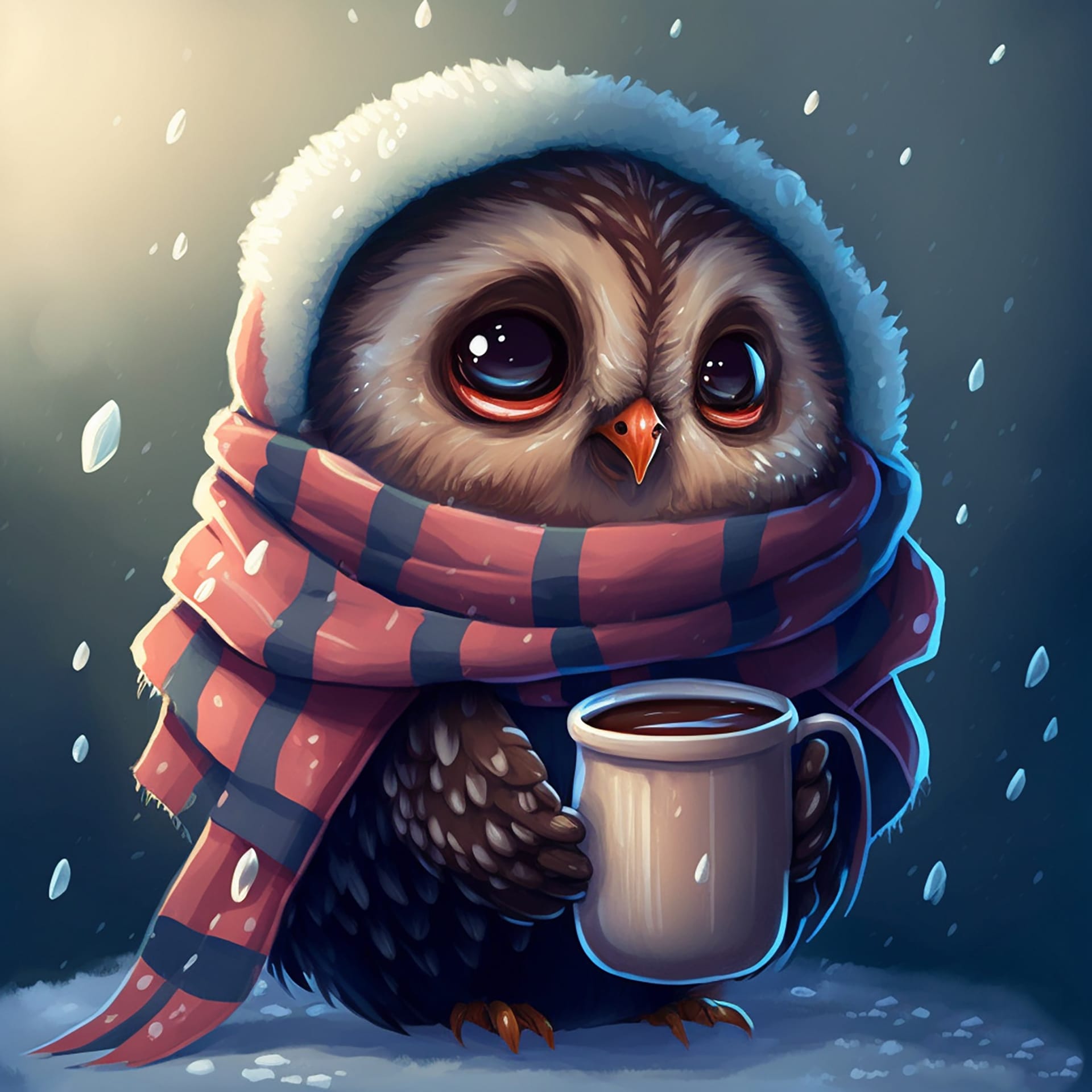 Cute little owl winter time holding cup hot drink