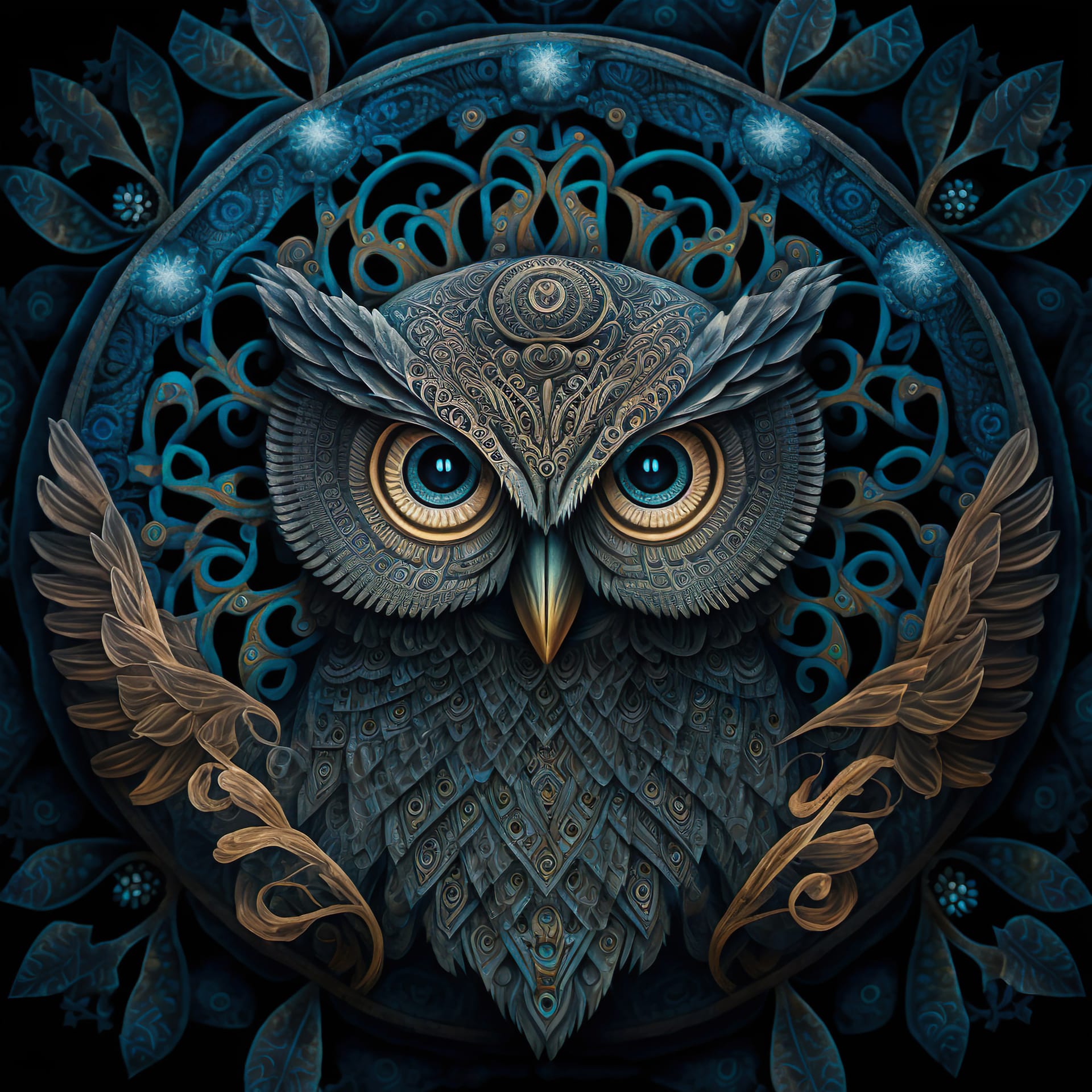 Totemic mascot blue owl ethnic illustration boho style image