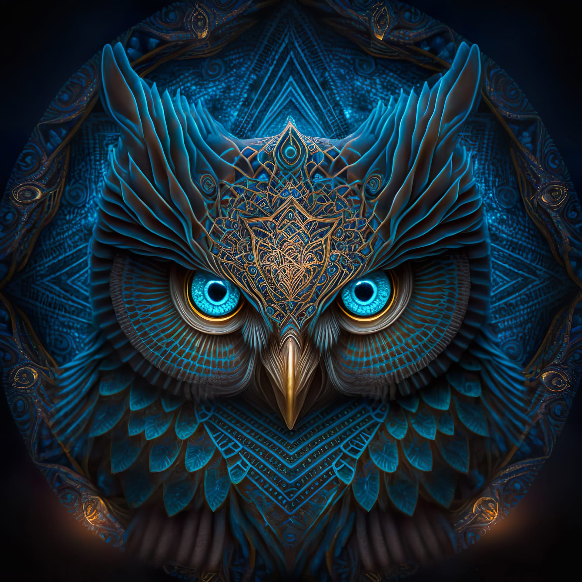 Totemic mascot blue owl ethnic illustration boho style