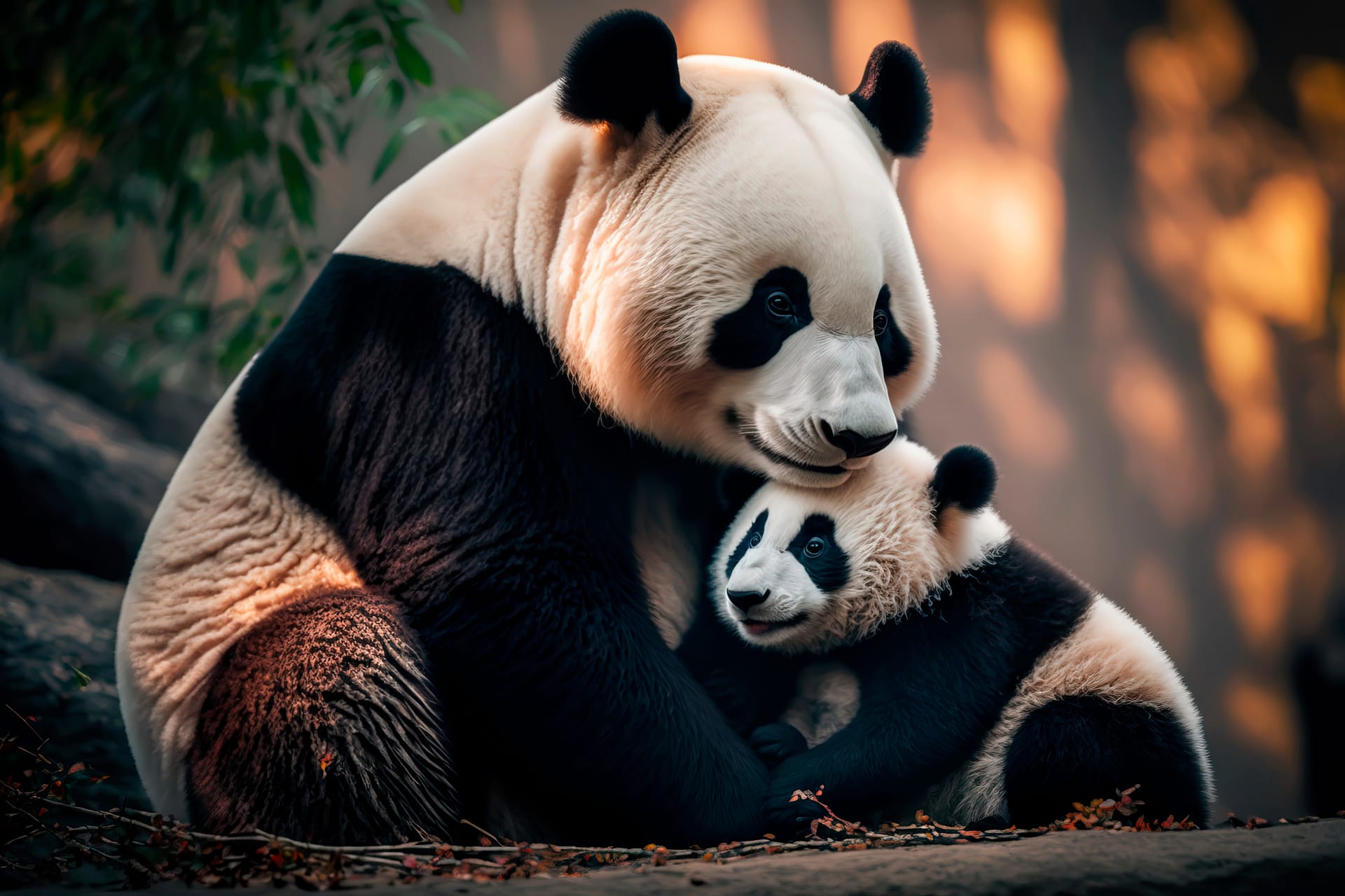 Baby panda happy together chinese park realistic digital illustration picture